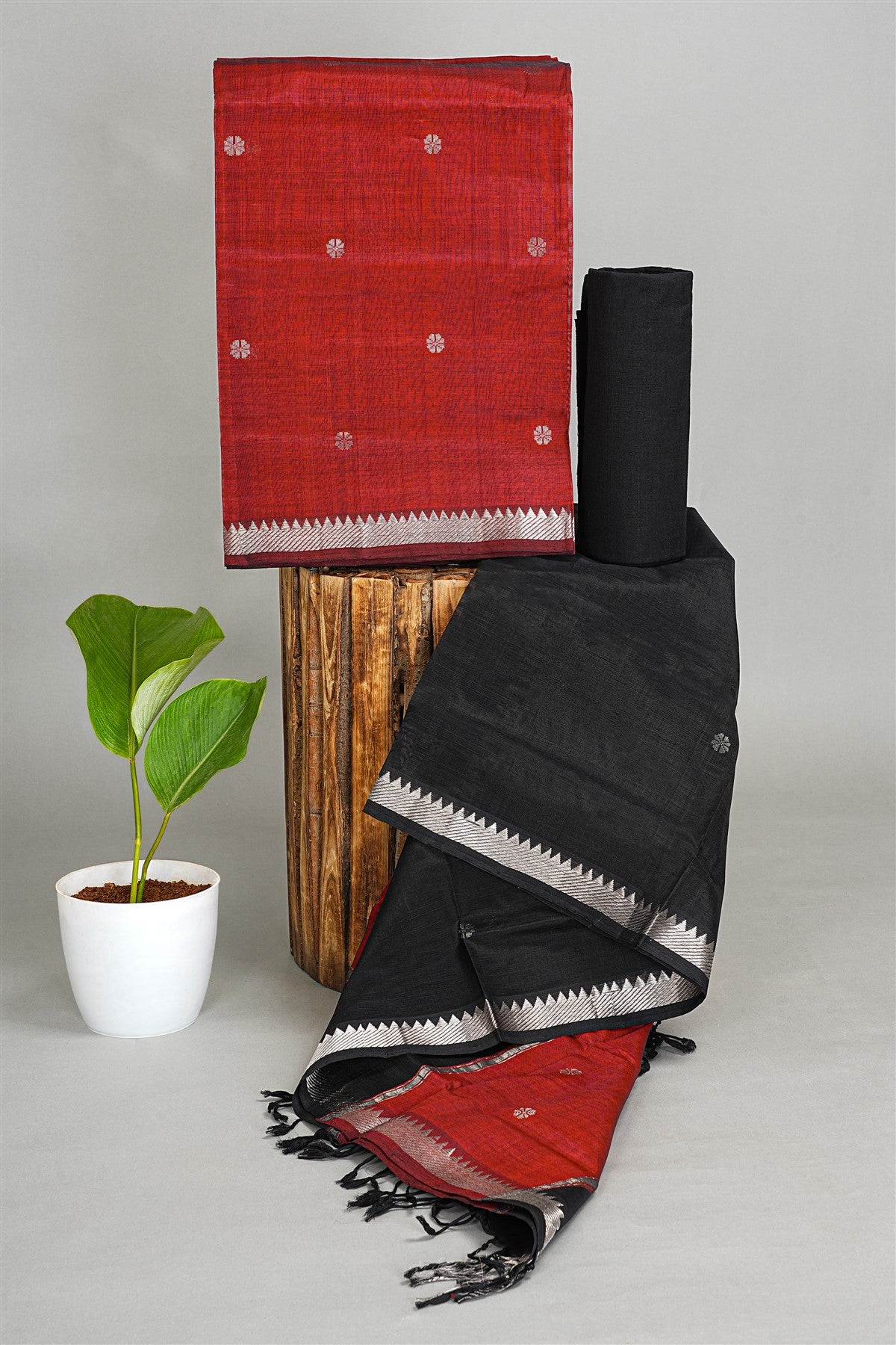 Sico Red And Black Floral Butta Dress Material