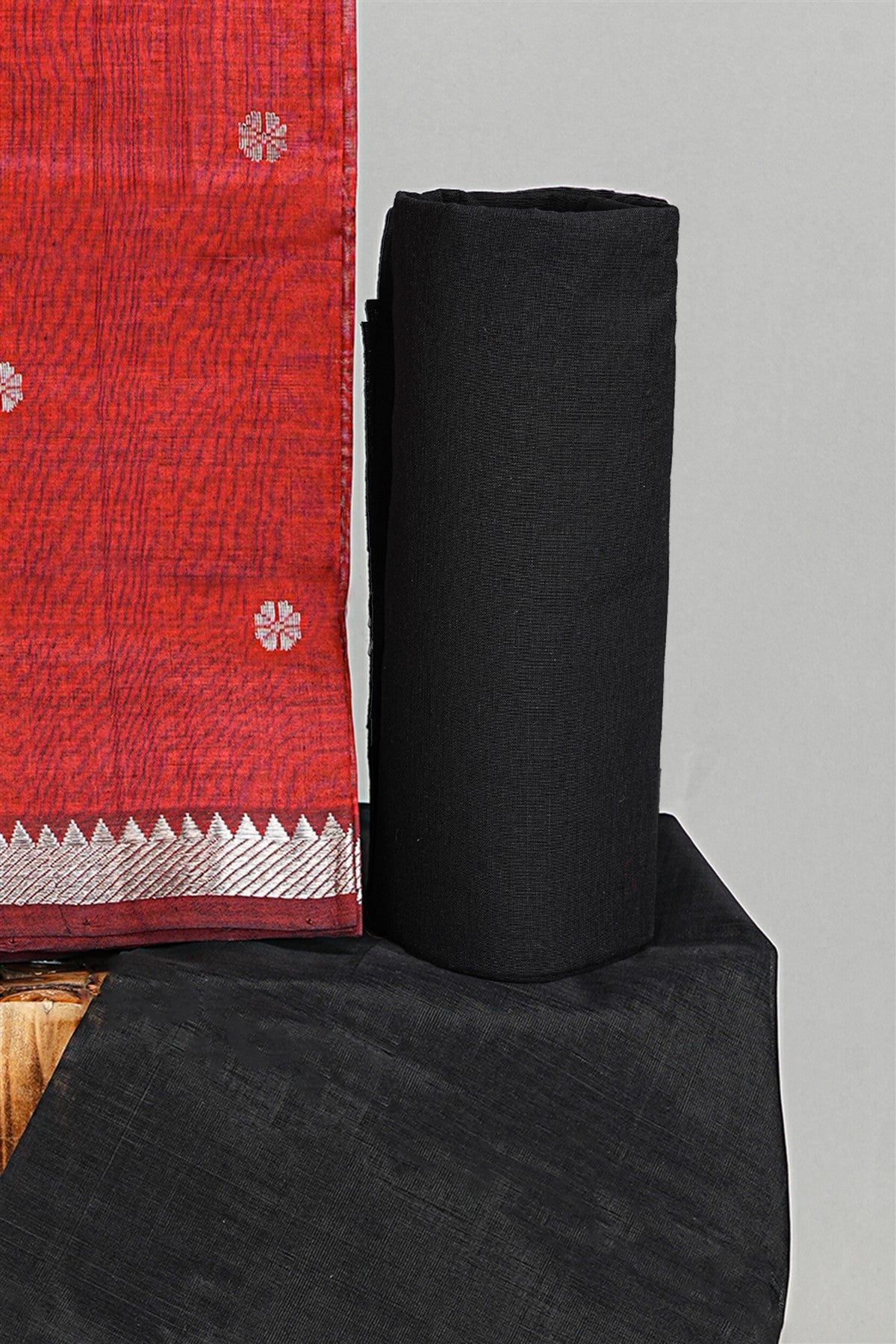 Sico Red And Black Floral Butta Dress Material