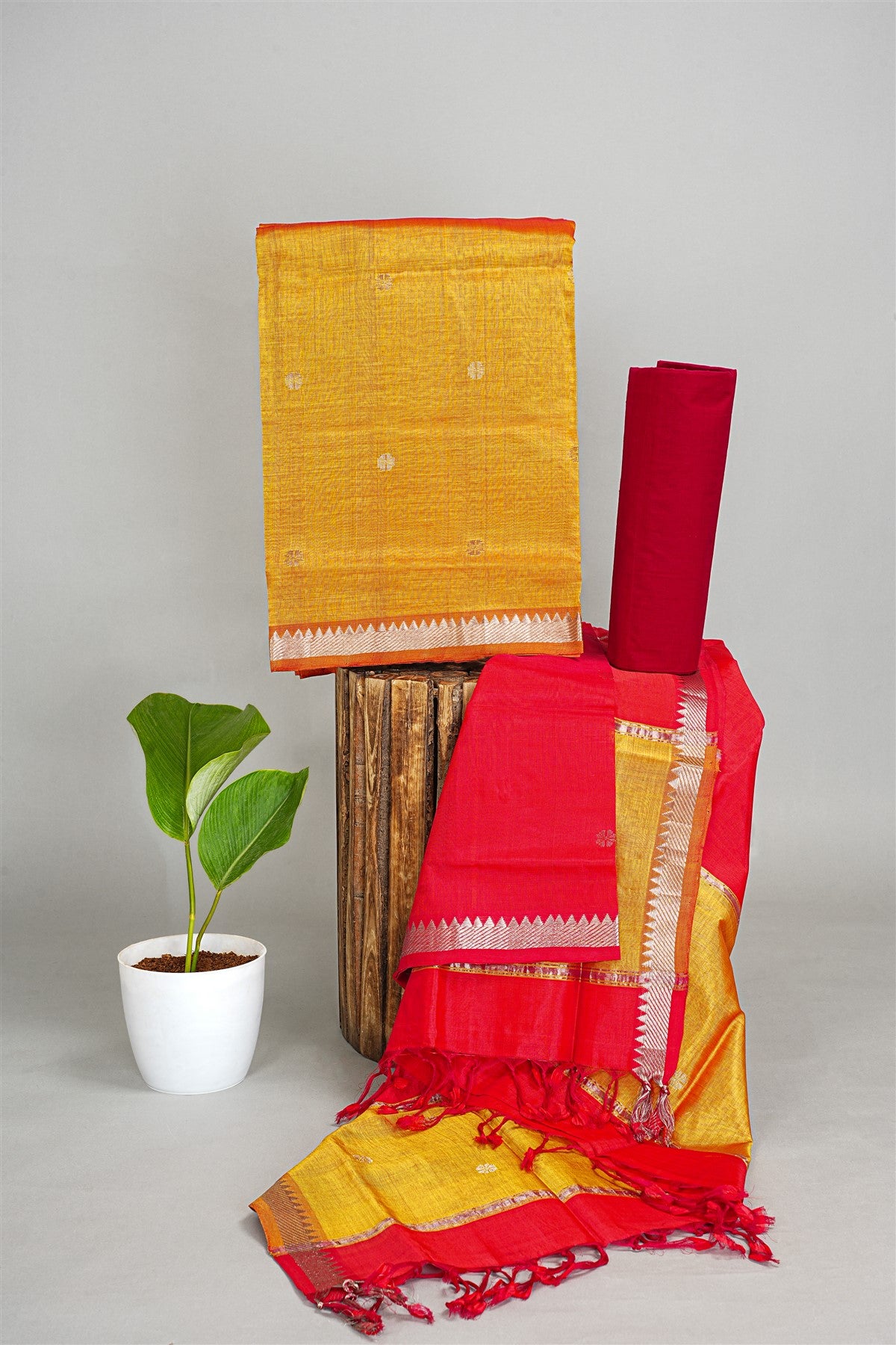 Sico Yellow And Red Woven Butta Dress Material