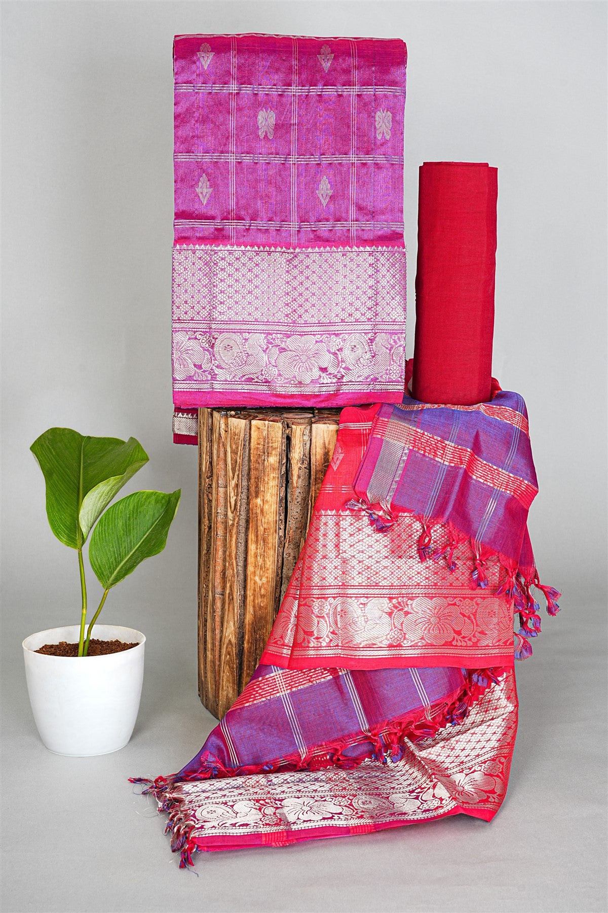 Sico Magenta Zari Border Dress Material