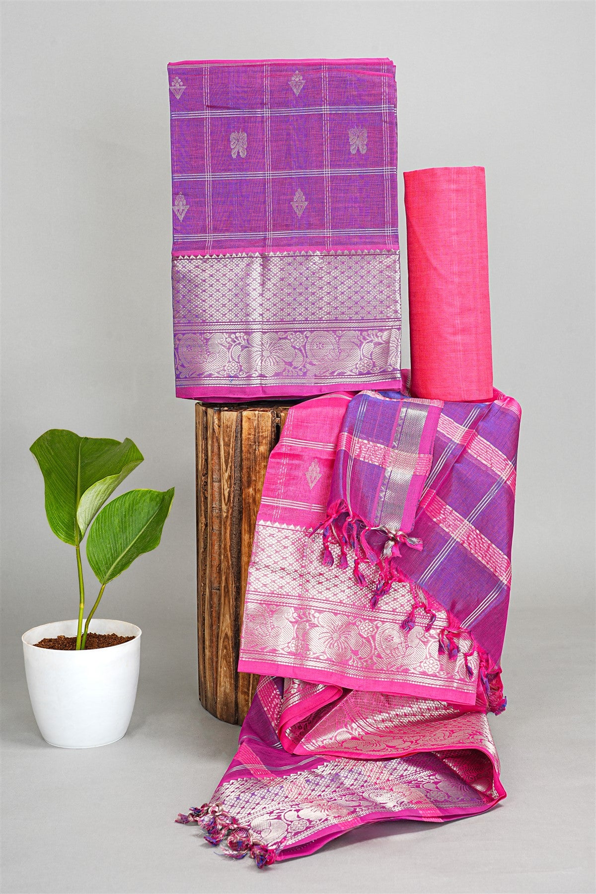 Sico Purple Woven Zari Check Dress Material