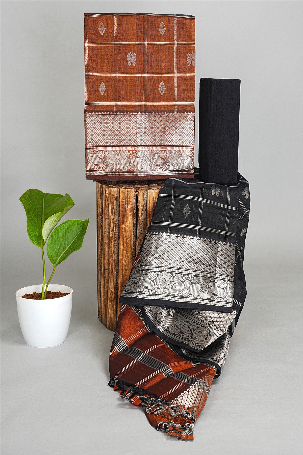 Sico Brown Zari Border Dress Material
