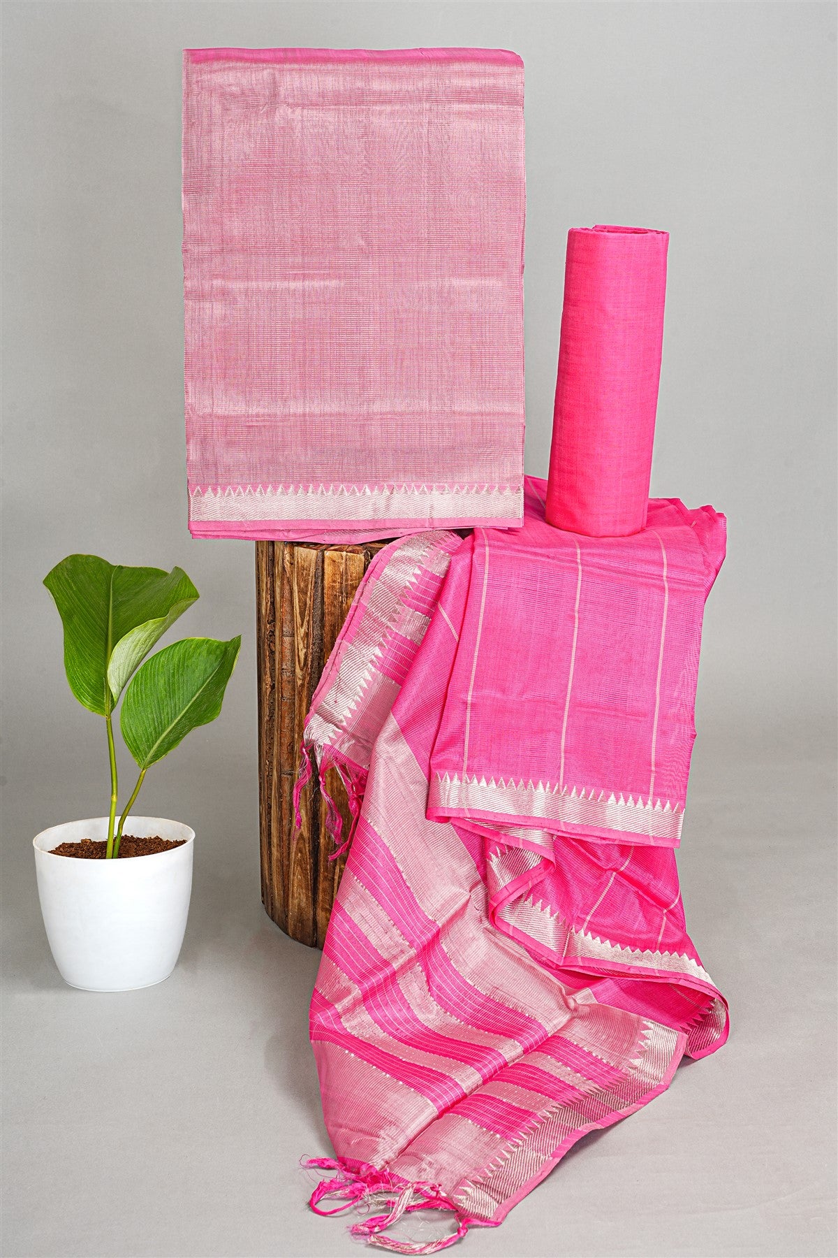Sico Pink Solid Zari Border Dress Material