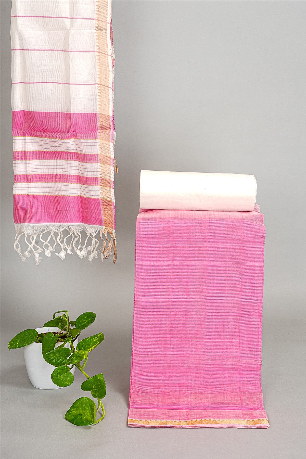 Sico Pink And White Solid Dress Material