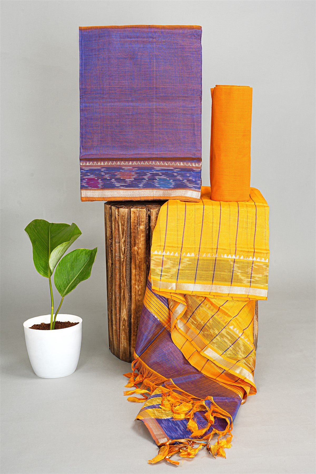 Sico Purple And Mustard Ikat Border Dress Material