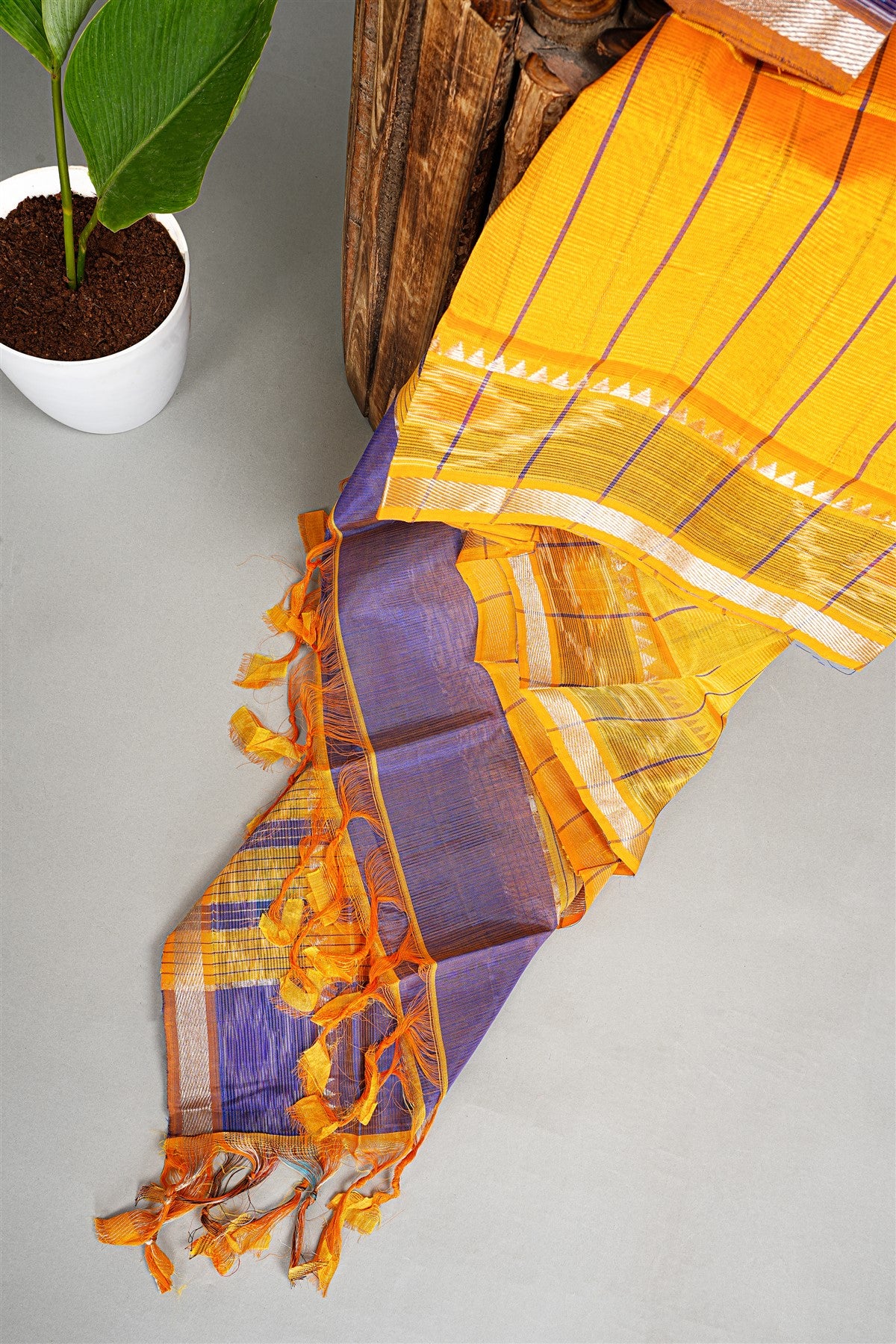 Sico Purple And Mustard Ikat Border Dress Material