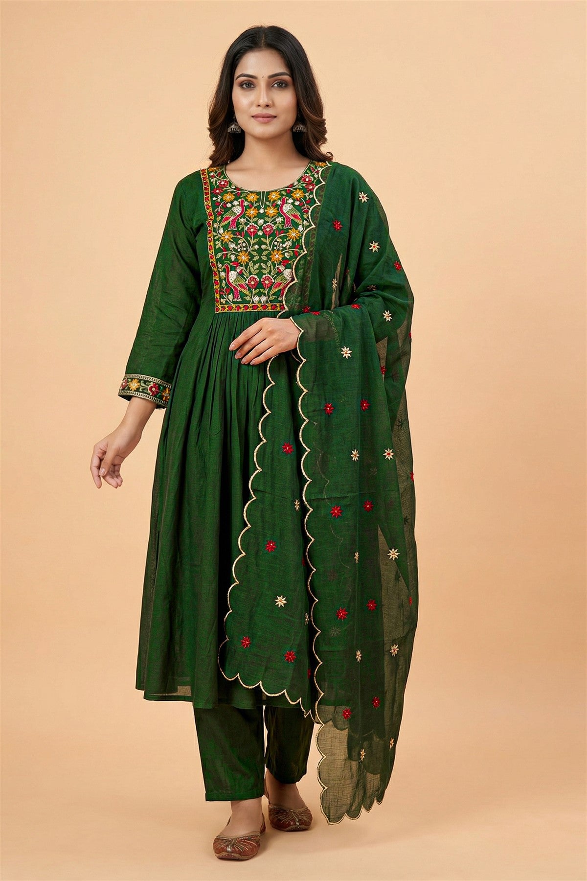 Mul Chanderi Embroidery Green Kurti Set With Dupatta