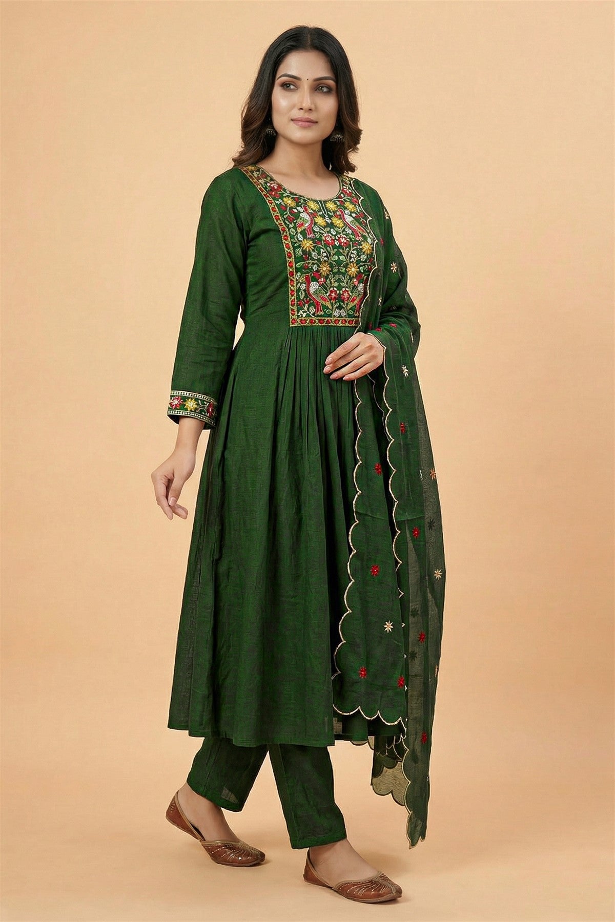 Mul Chanderi Embroidery Green Kurti Set With Dupatta