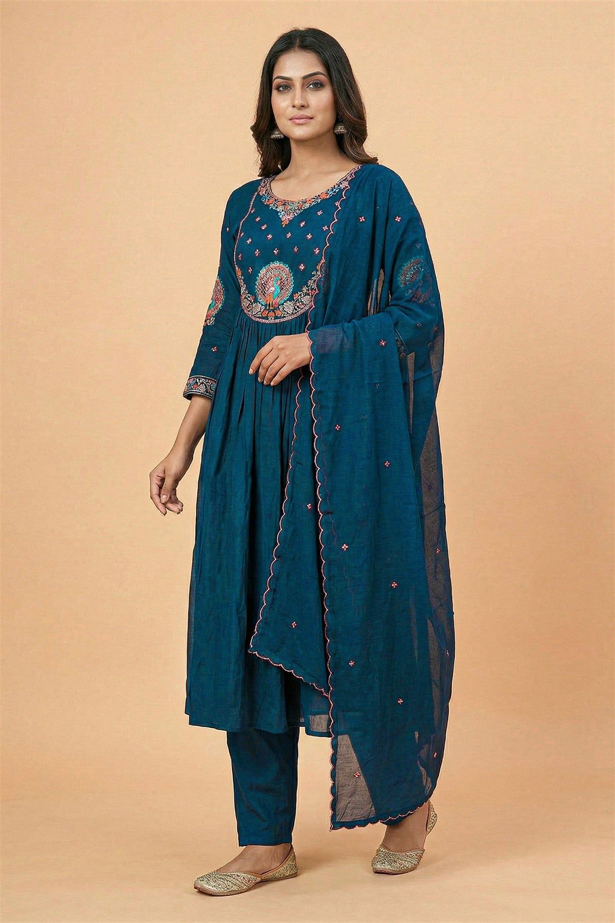 Mul Chanderi Embroidery Teal Blue Kurti Set With Dupatta