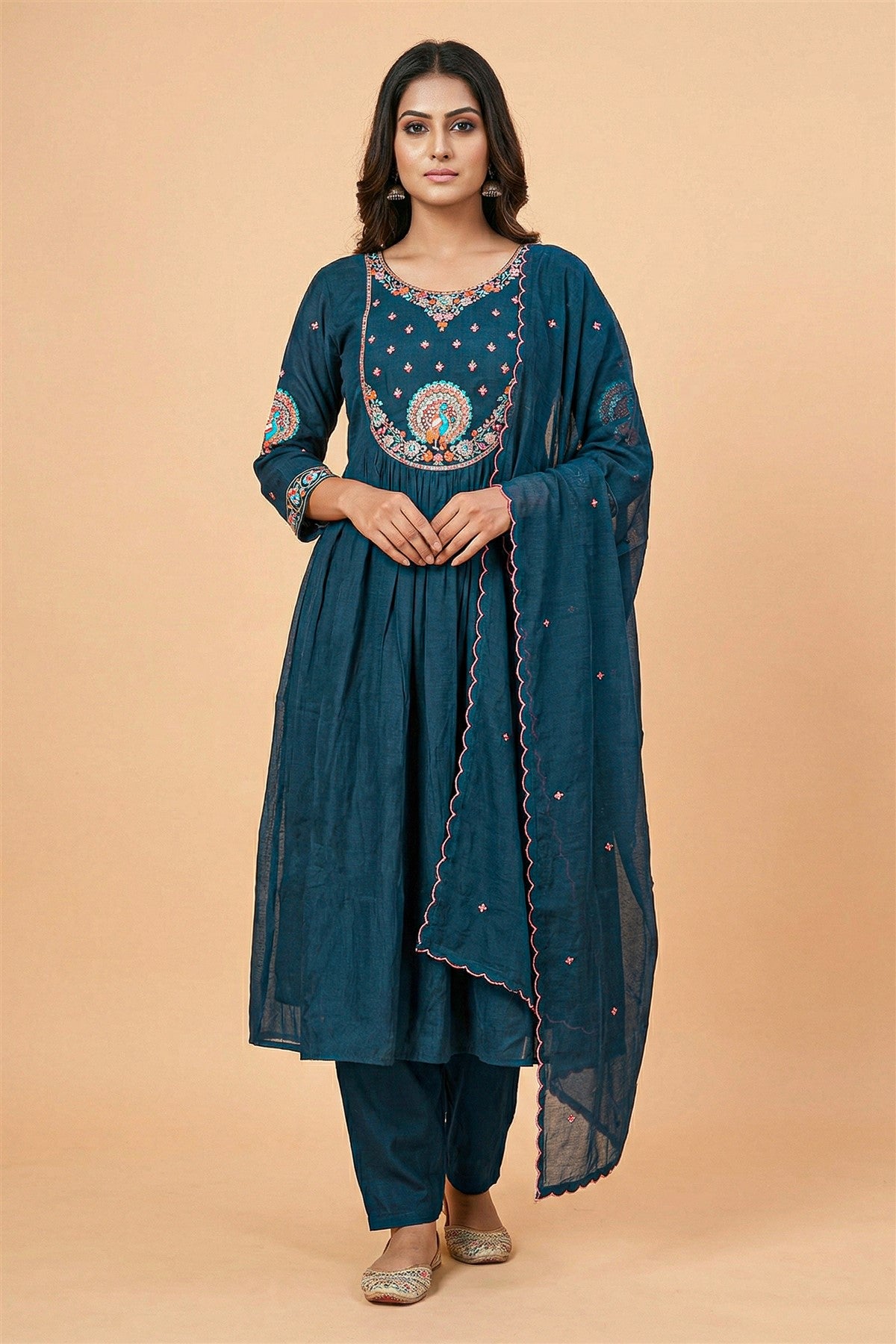 Mul Chanderi Embroidery Teal Blue Kurti Set With Dupatta