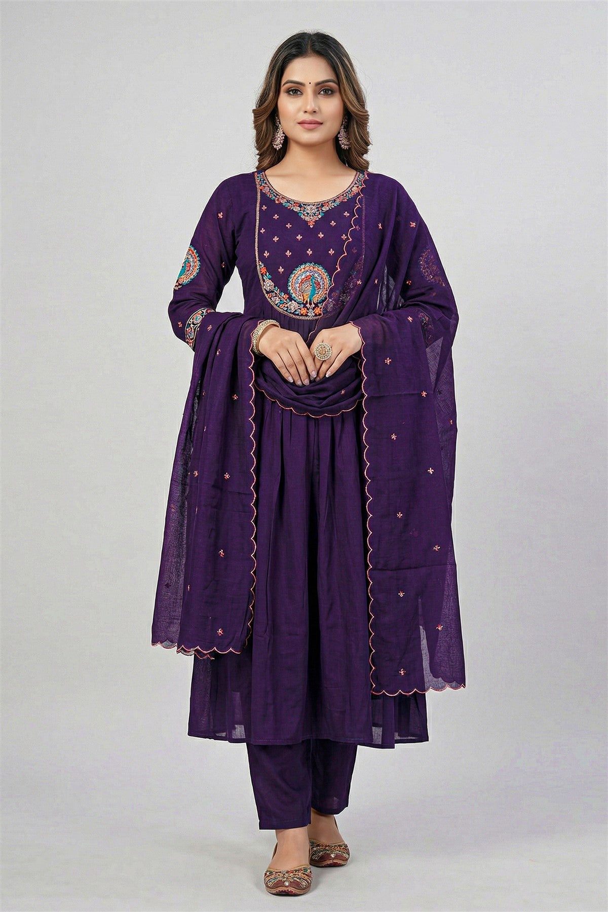 Mul Chanderi Solid Purple Kurti Set With Dupatta