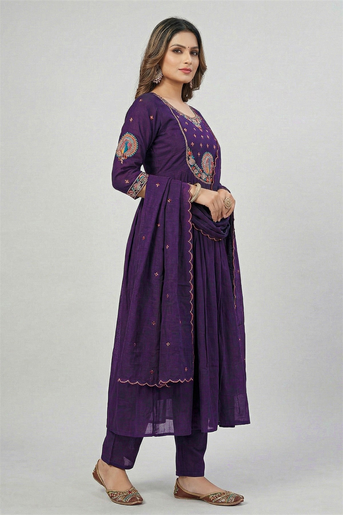 Mul Chanderi Solid Purple Kurti Set With Dupatta