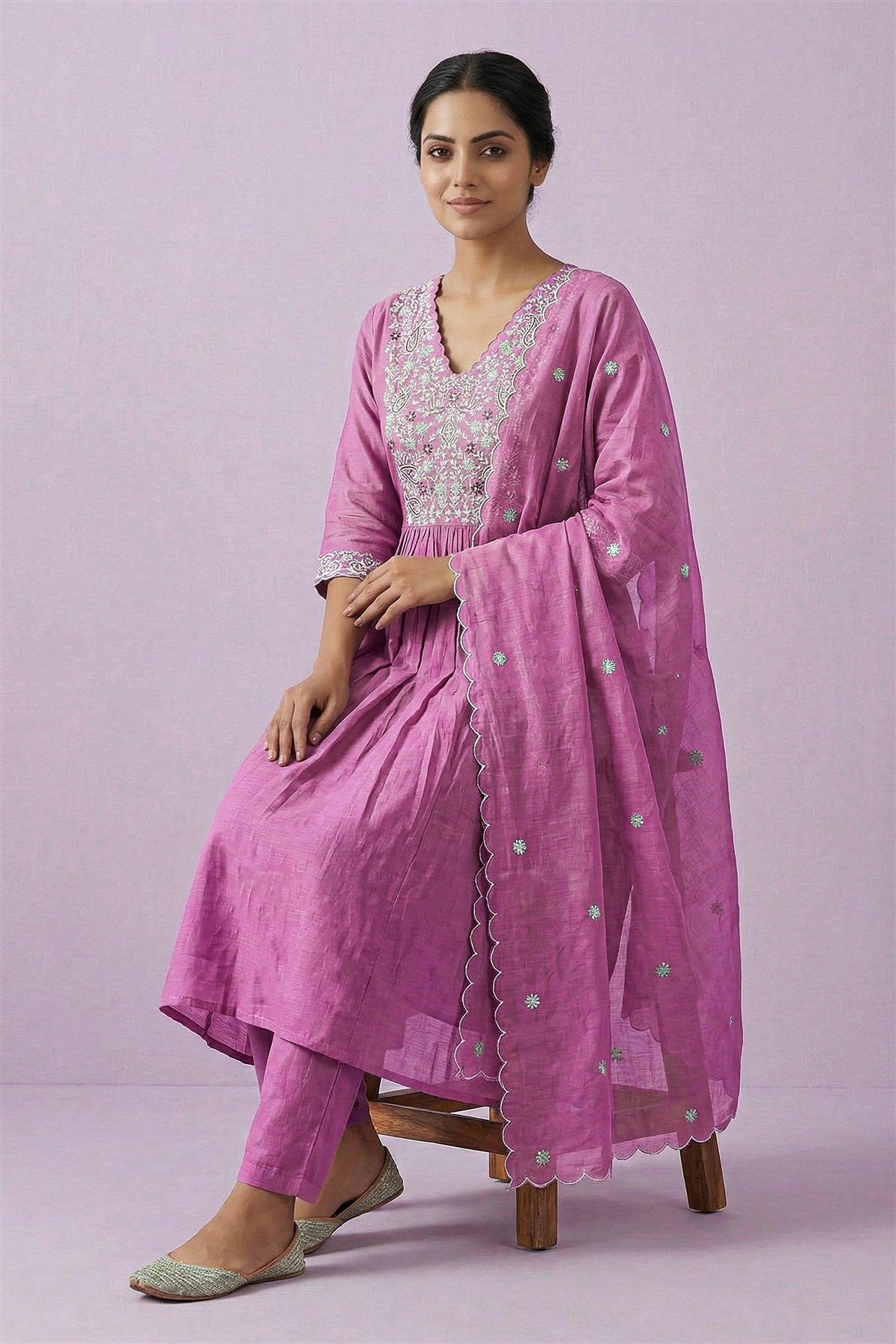Mul Chanderi Solid Mauve Purple Kurti Set With Dupatta