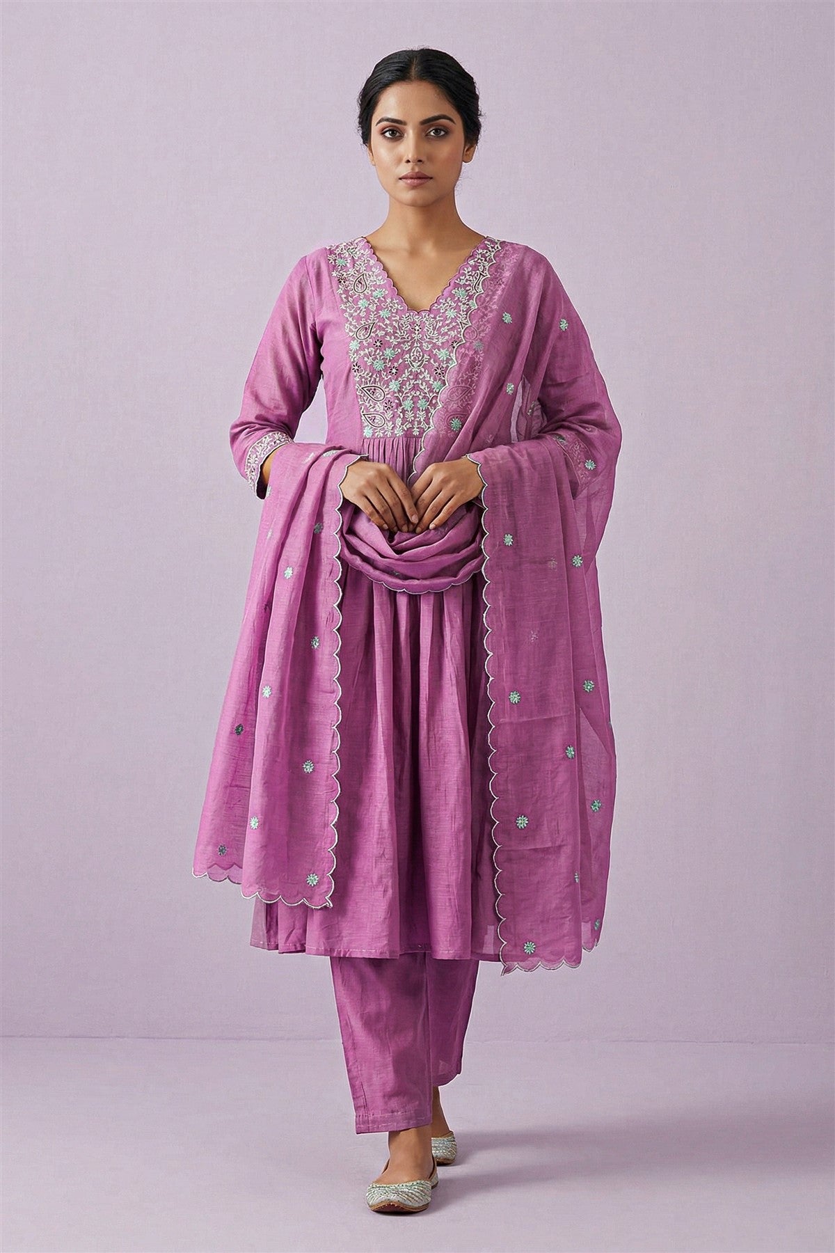 Mul Chanderi Solid Mauve Purple Kurti Set With Dupatta