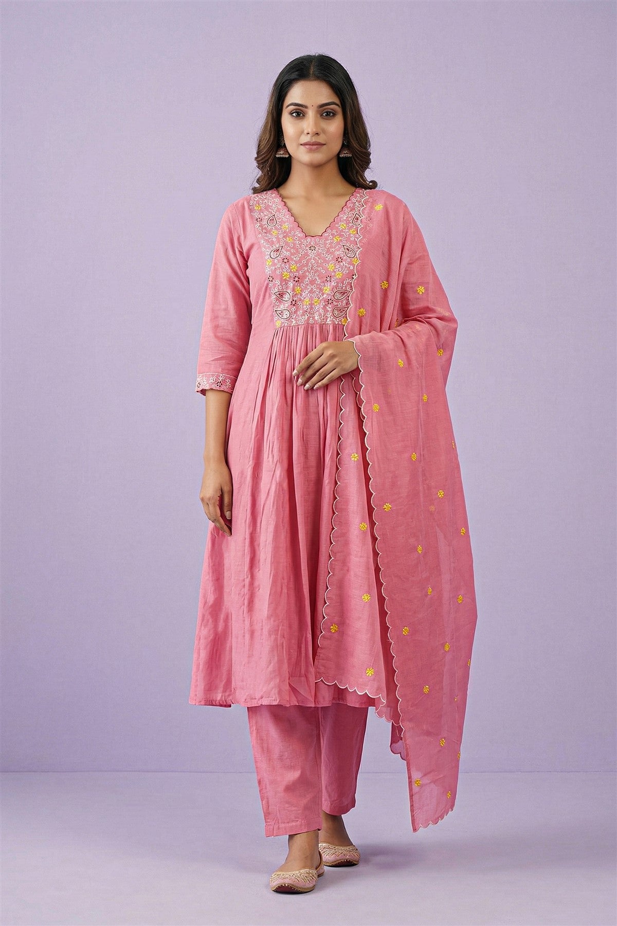 Mul Chanderi Solid Peach Kurti Set With Dupatta