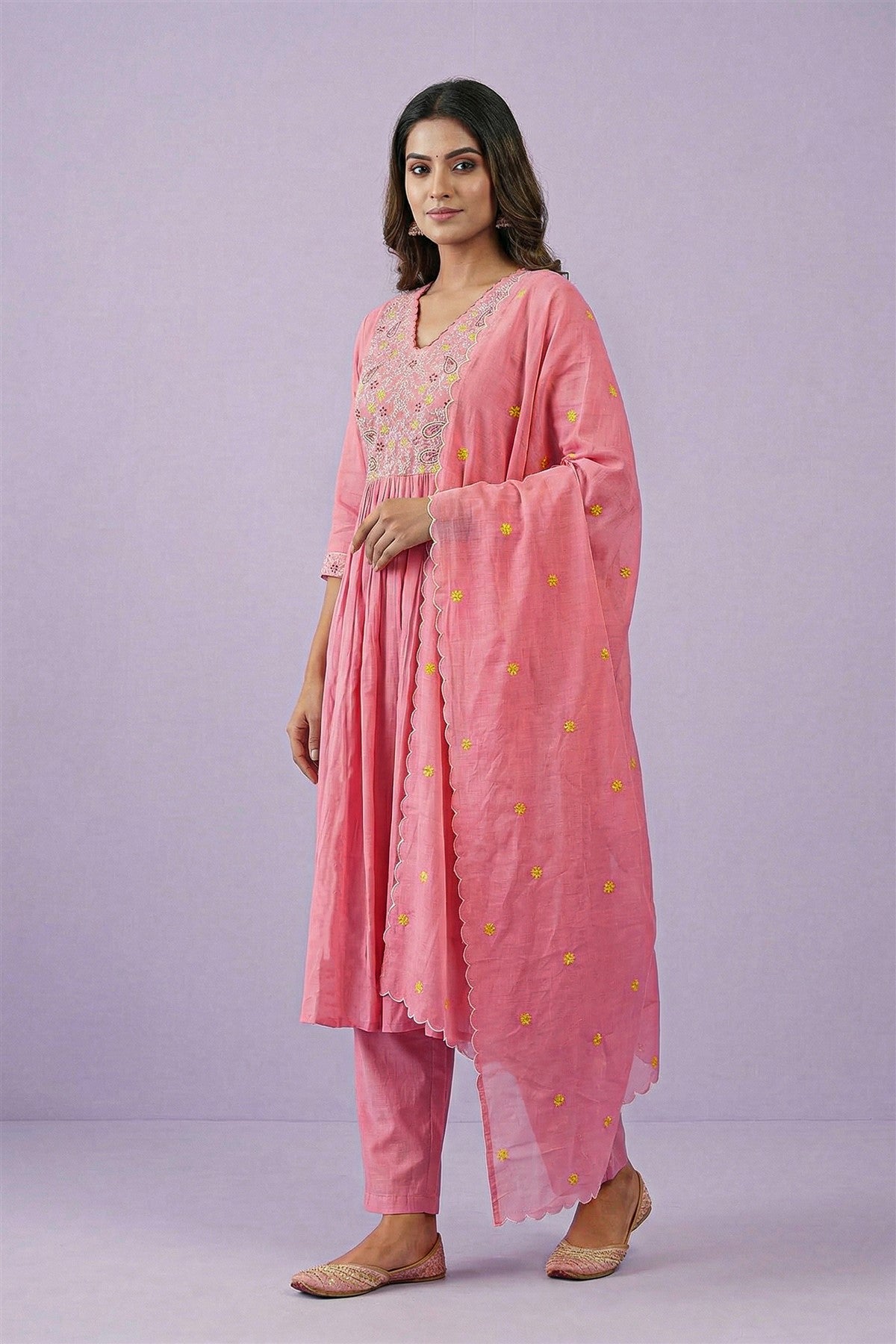 Mul Chanderi Solid Peach Kurti Set With Dupatta