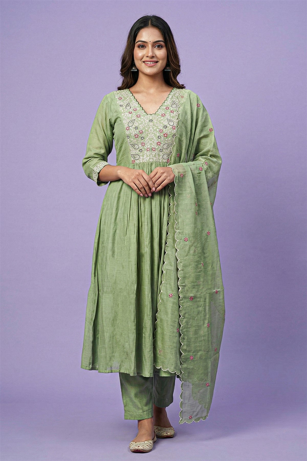 Mul Chanderi Solid Pista Green Kurti Set With Dupatta