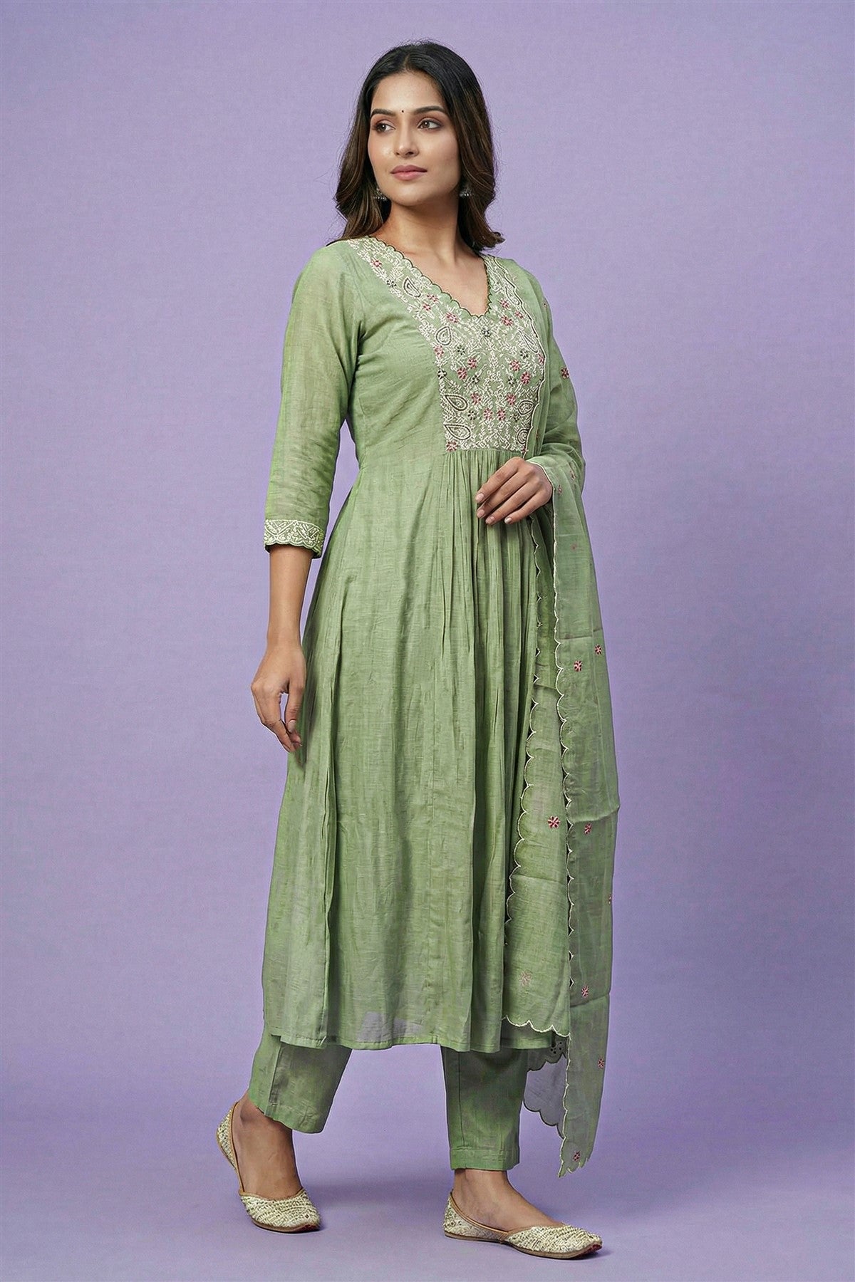 Mul Chanderi Solid Pista Green Kurti Set With Dupatta