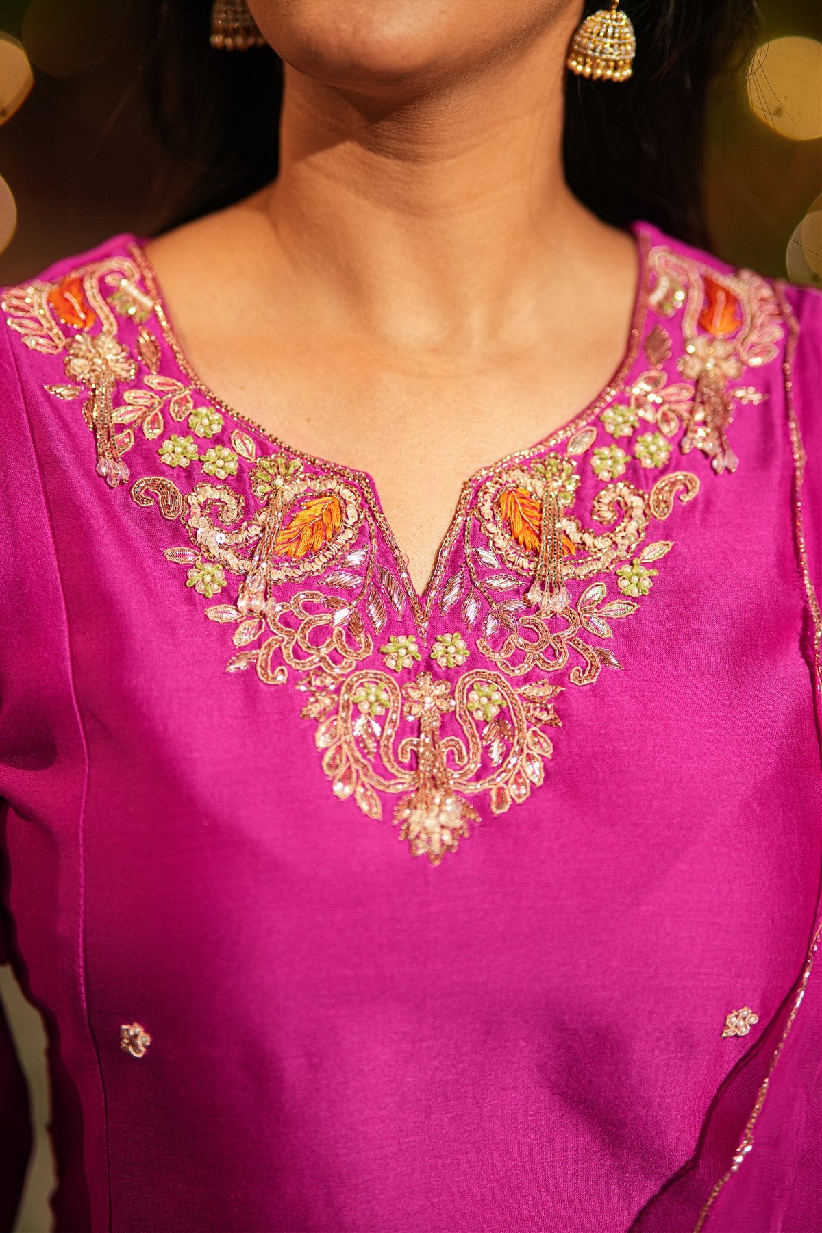 Mul Chanderi Work Dark Pink Kurti Set With Dupatta