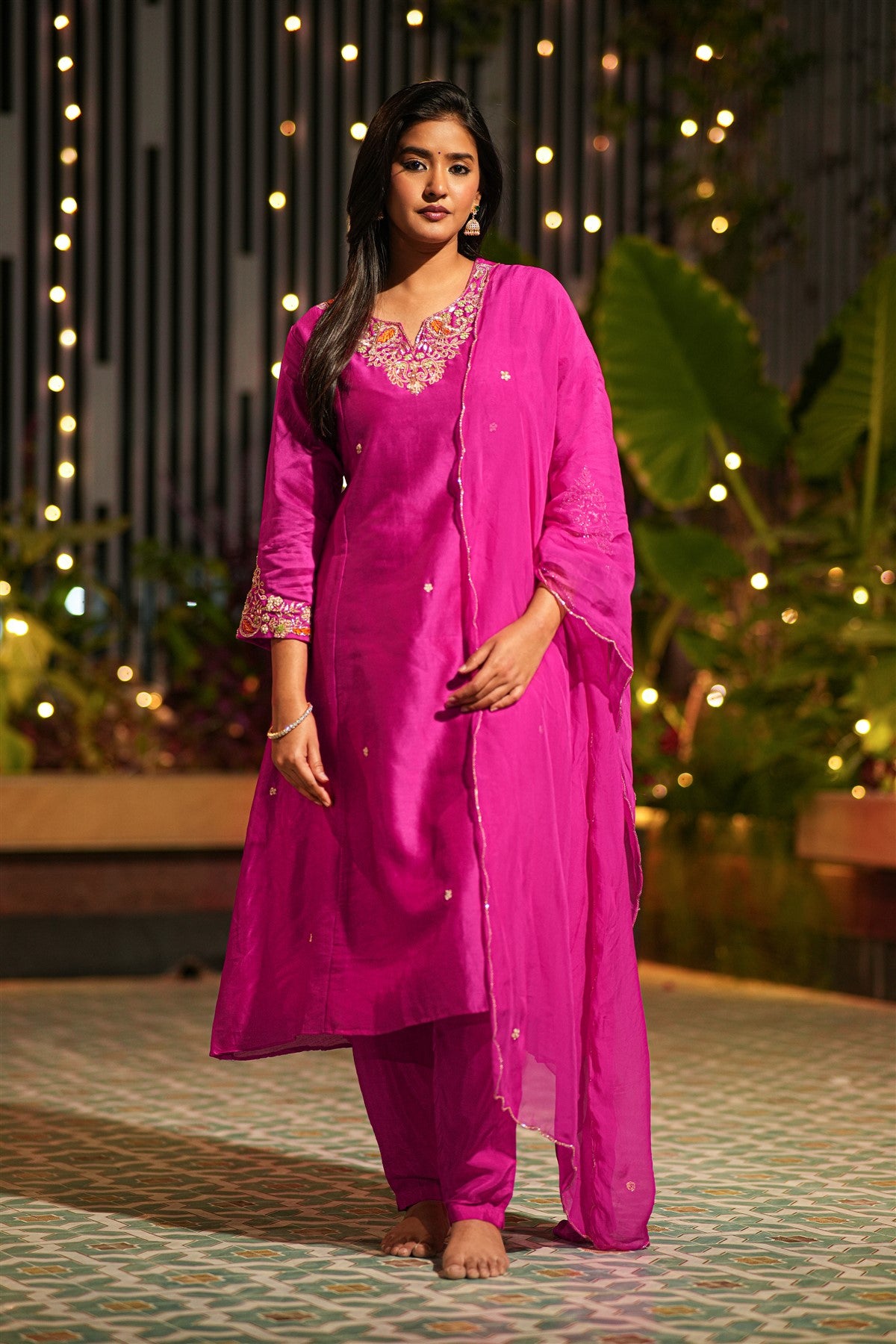 Mul Chanderi Work Dark Pink Kurti Set With Dupatta