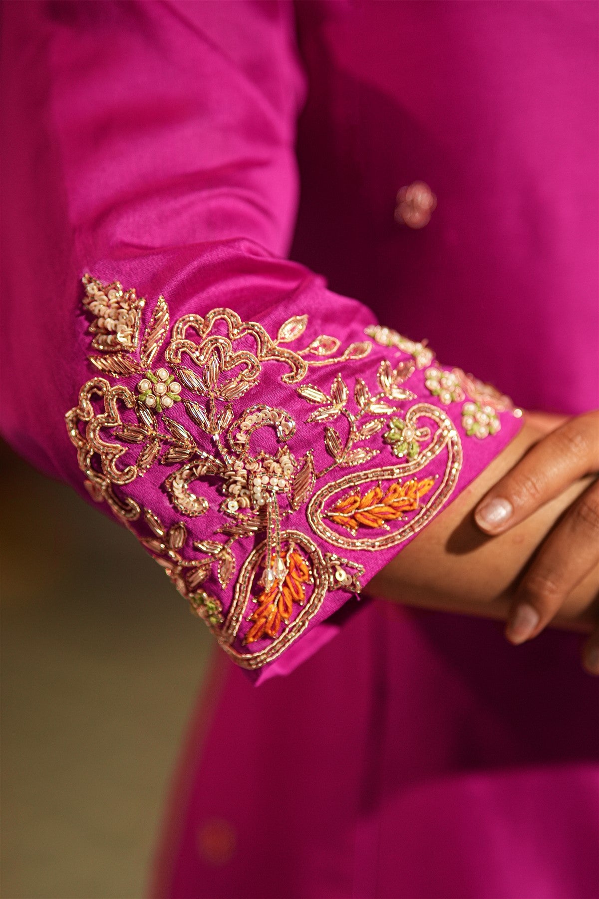 Mul Chanderi Embroidered Magenta Kurti Set With Dupatta