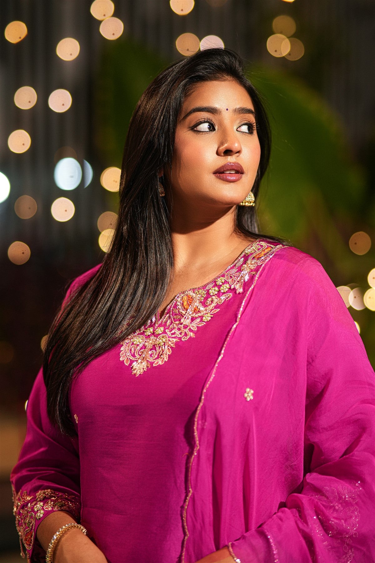 Mul Chanderi Embroidered Magenta Kurti Set With Dupatta