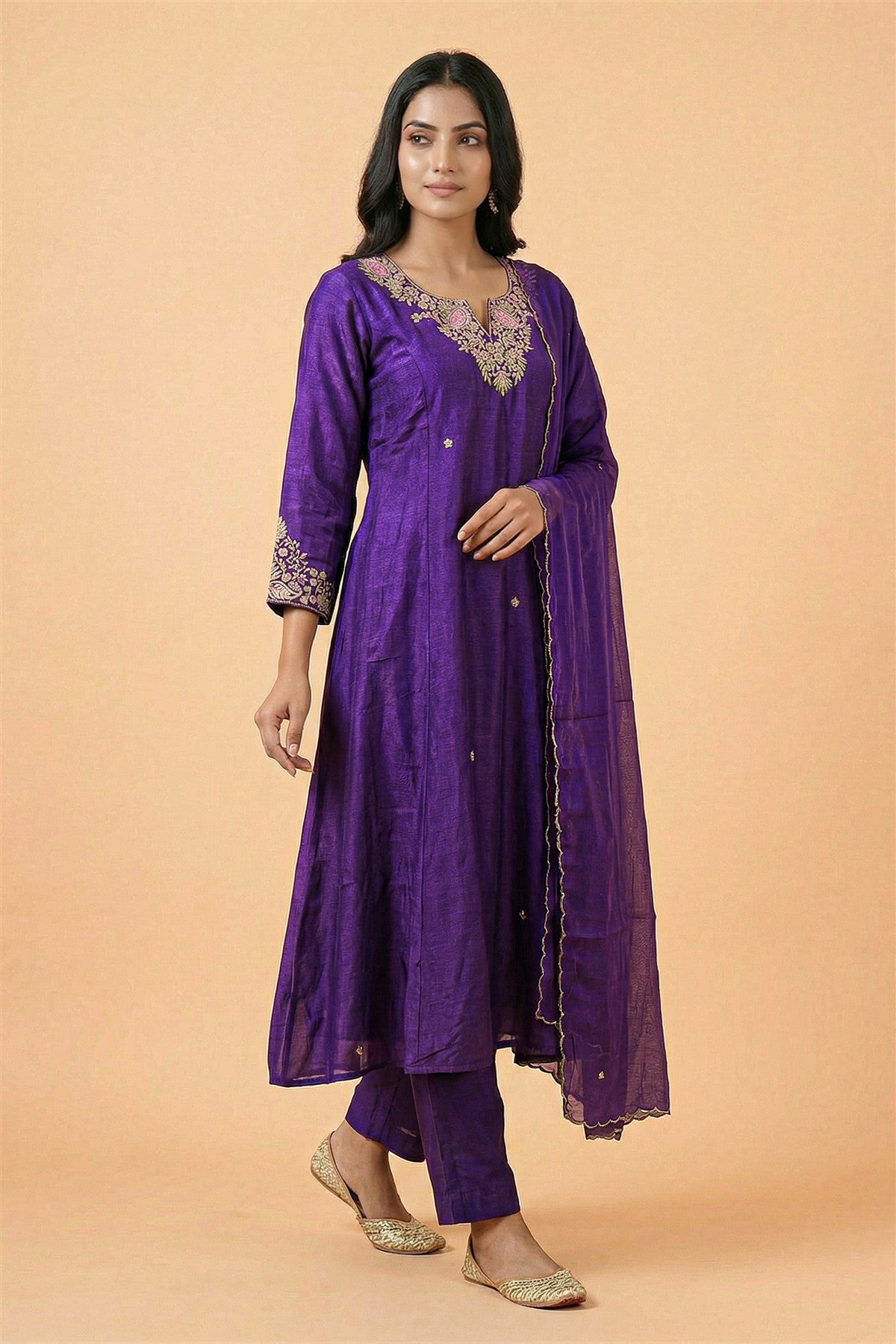 Mul Chanderi Embroidered Purple Kurti Set With Dupatta