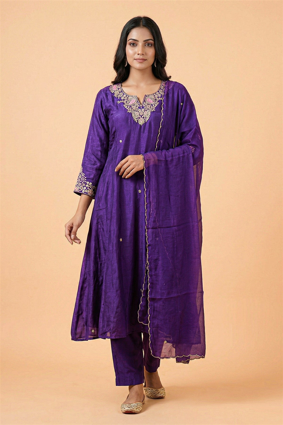 Mul Chanderi Embroidered Purple Kurti Set With Dupatta