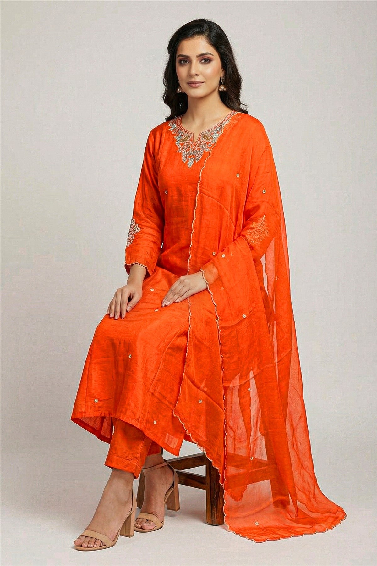 Mul Chanderi Embroidered Orange Kurti Set With Dupatta