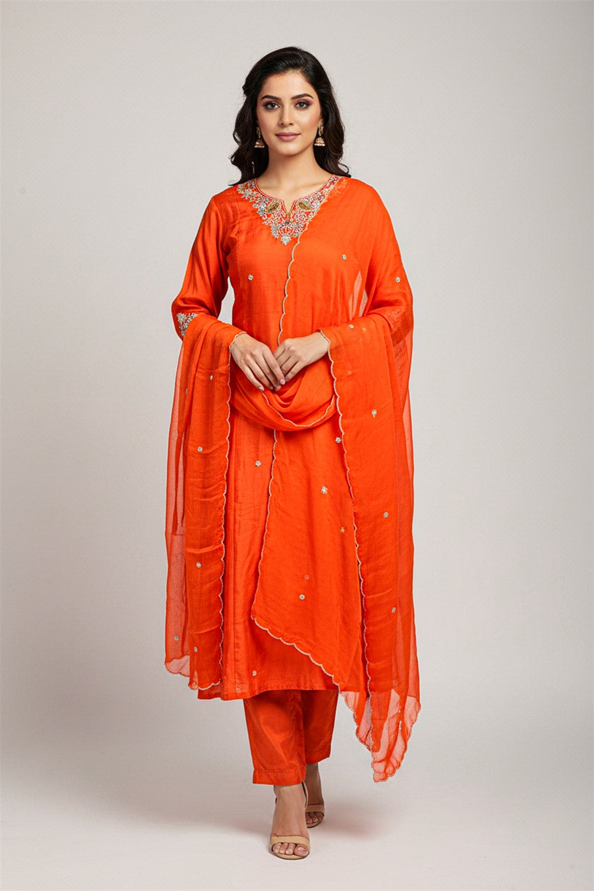 Mul Chanderi Embroidered Orange Kurti Set With Dupatta
