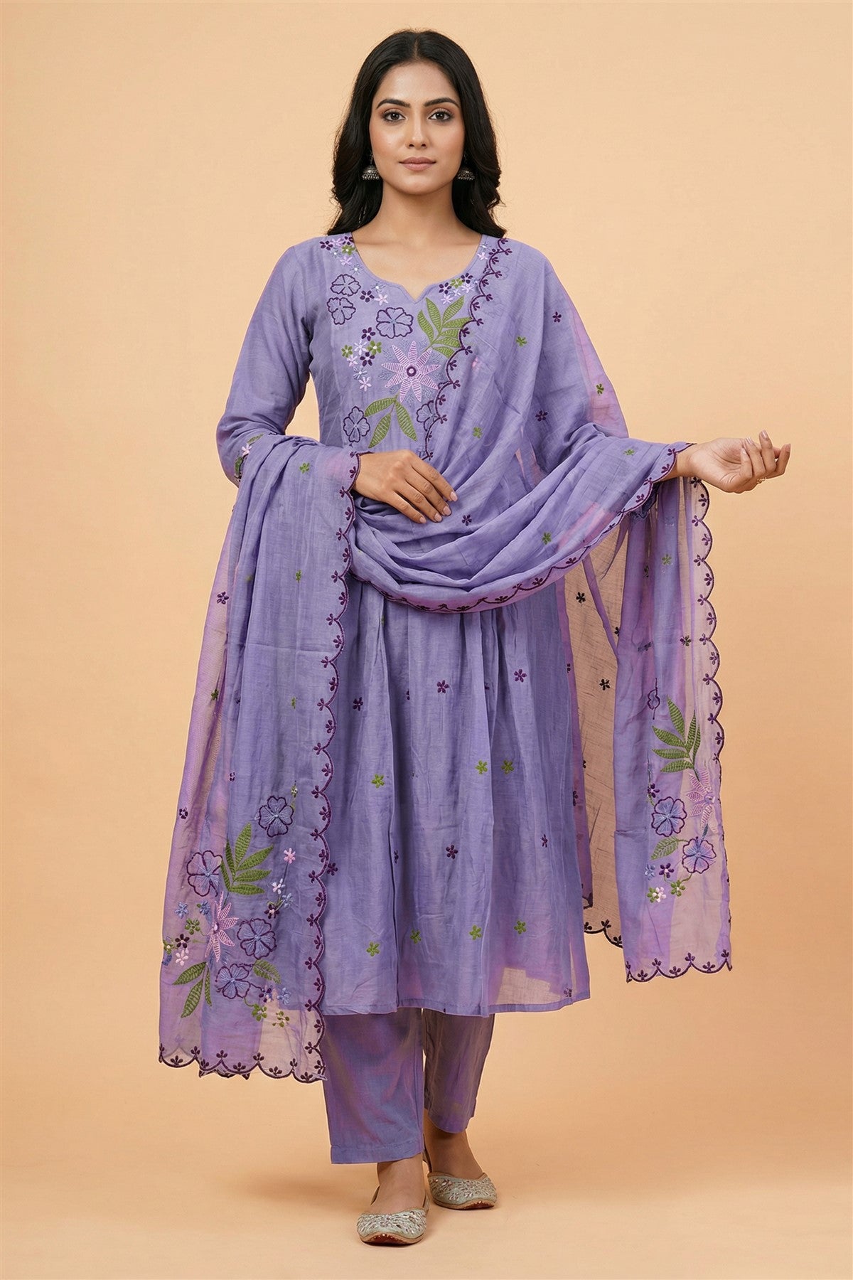 Mul Chanderi Embroidery Lavender Kurti Set With Dupatta