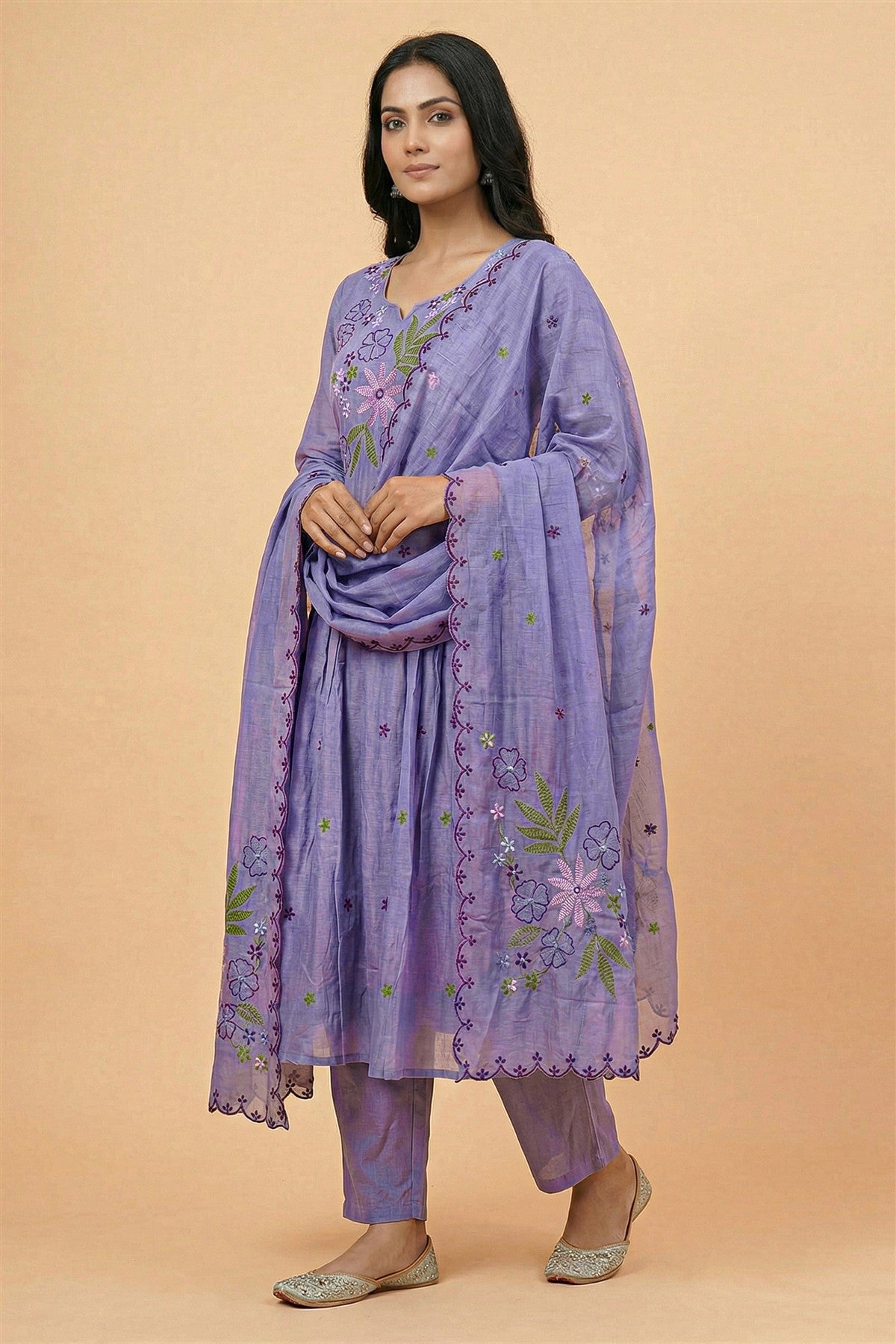 Mul Chanderi Embroidery Lavender Kurti Set With Dupatta