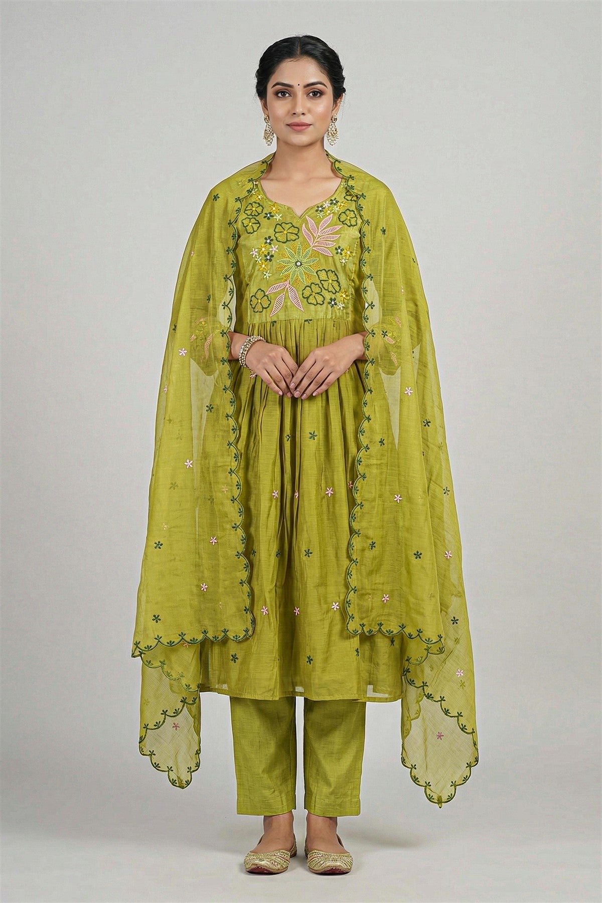 Mul Chanderi Solid Olive Green Kurti Set With Dupatta