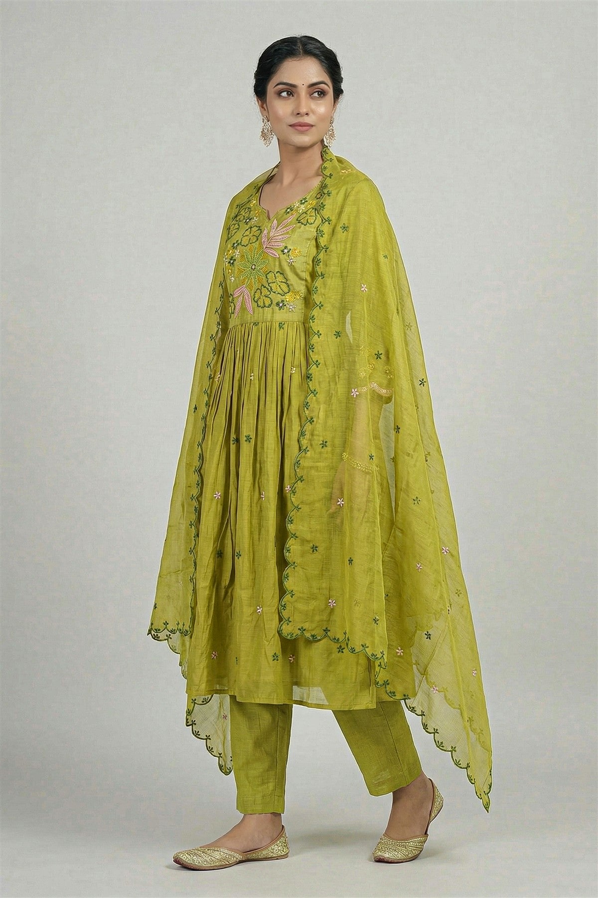 Mul Chanderi Solid Olive Green Kurti Set With Dupatta