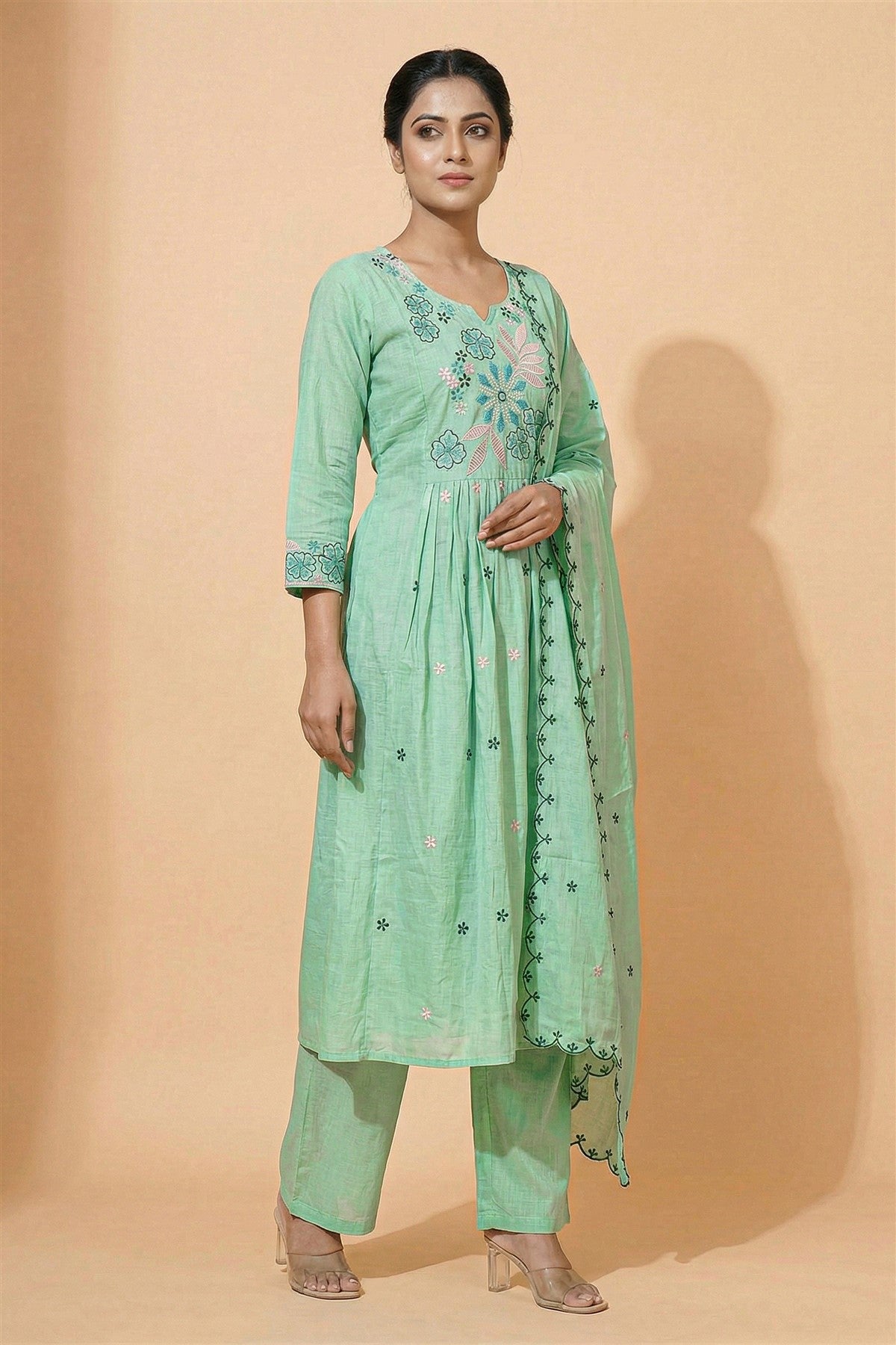 Mul Chanderi Embroidered Sea Green Kurti Set With Dupatta