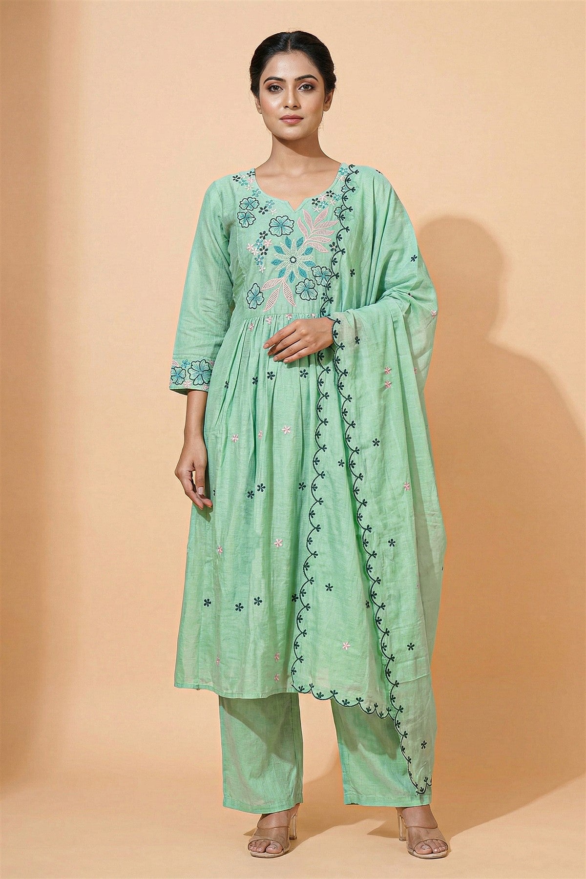 Mul Chanderi Embroidered Sea Green Kurti Set With Dupatta