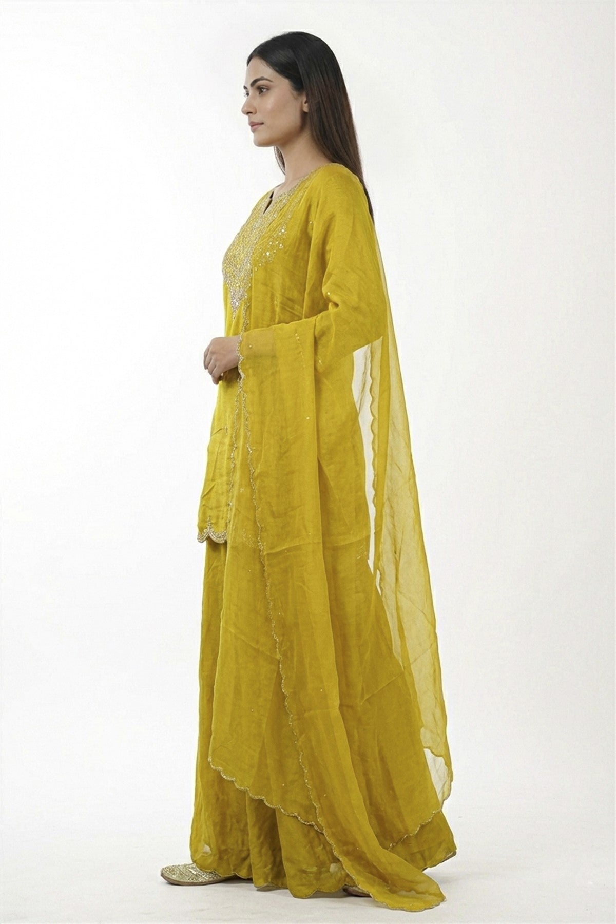 Mul Chanderi Embroidered Mustard Yellow Kurti Set With Dupatta