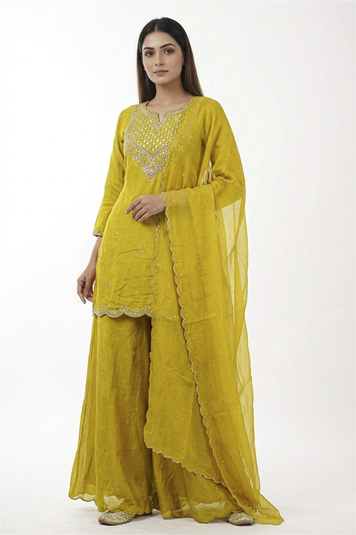 Mul Chanderi Embroidered Mustard Yellow Kurti Set With Dupatta
