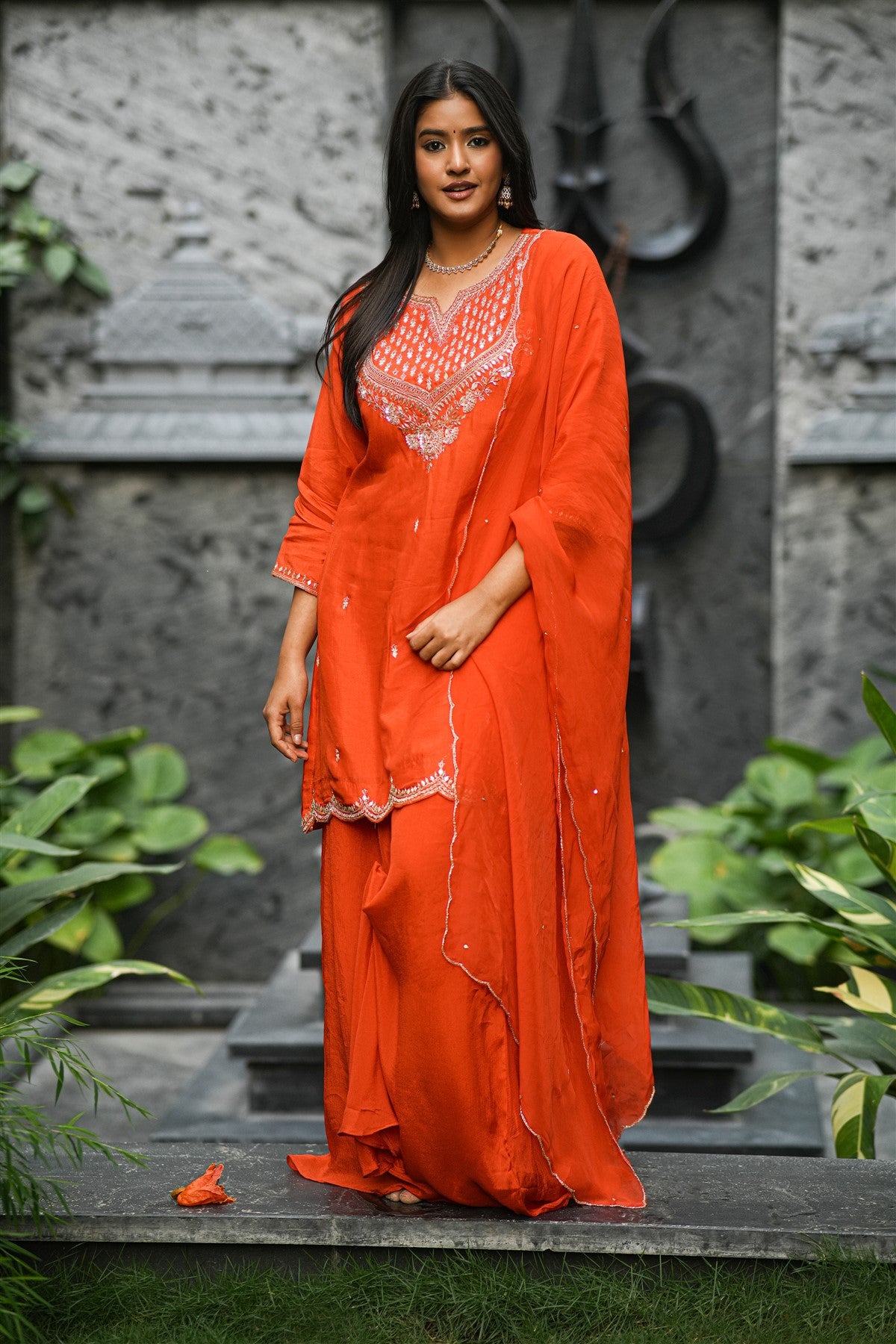 Mul Chanderi Work  Orange Kurta