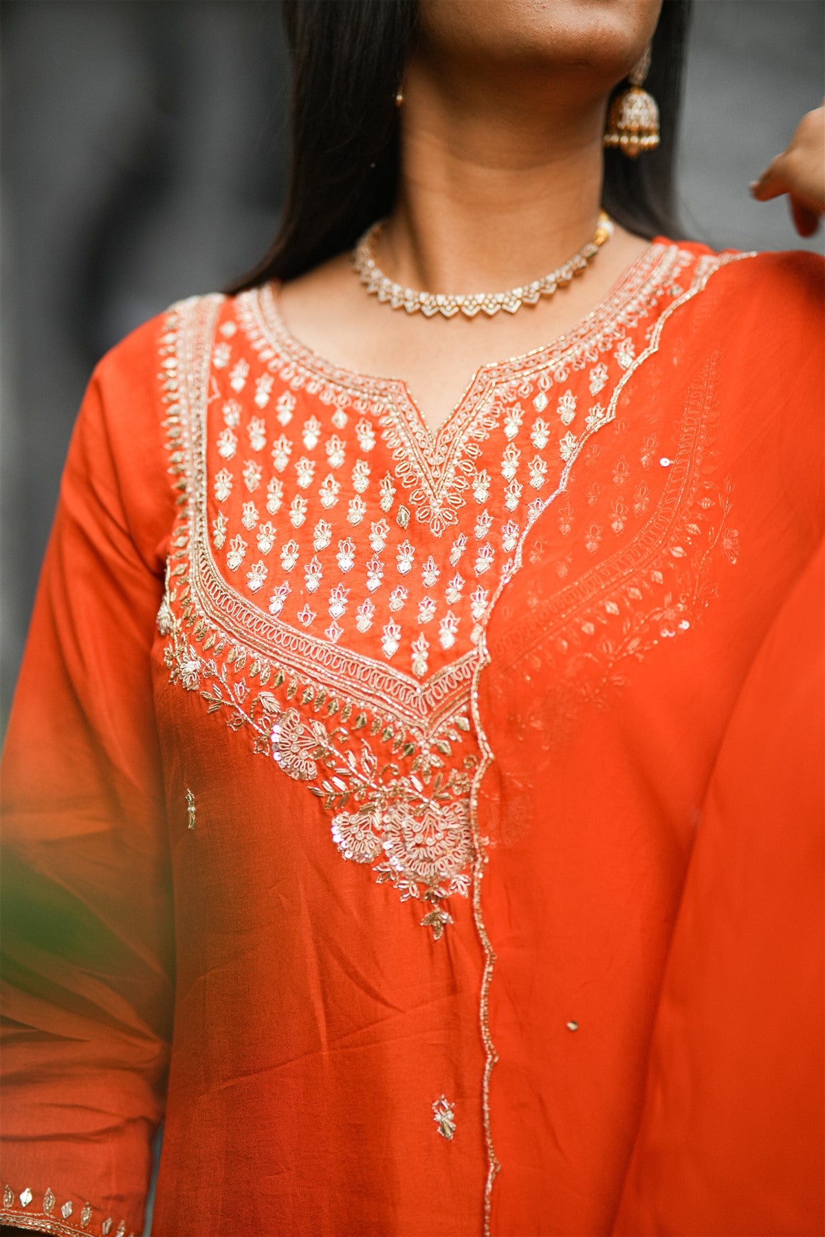Mul Chanderi Work  Orange Kurta