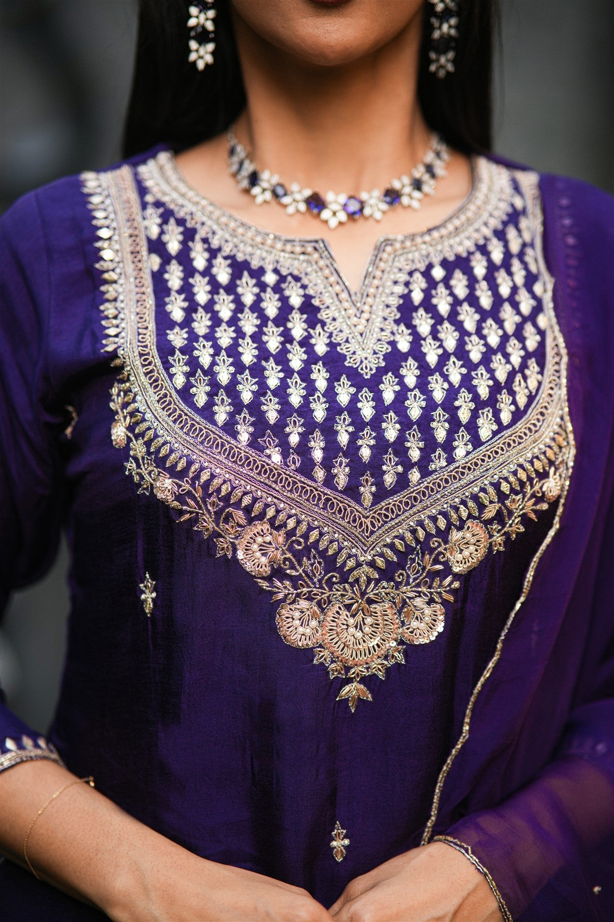 Mul Chanderi Embroidered Purple Kurti Set With Dupatta