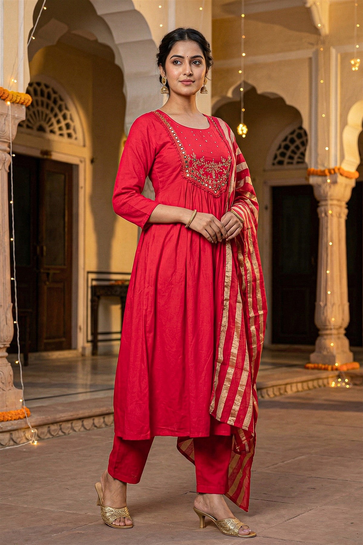 Mul Chanderi Solid Red Kurti Set With Dupatta