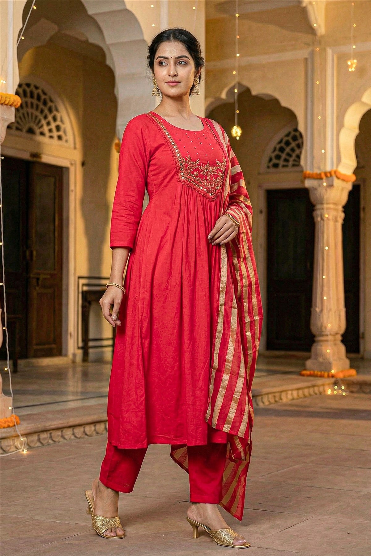Mul Chanderi Solid Red Kurti Set With Dupatta