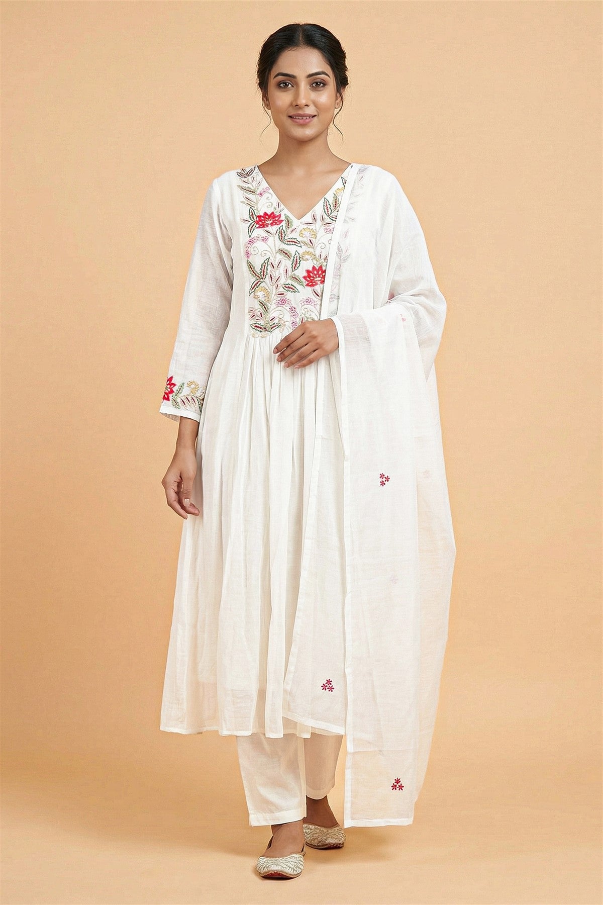 Mul Chanderi Embroidered Off White Kurti Set With Dupatta
