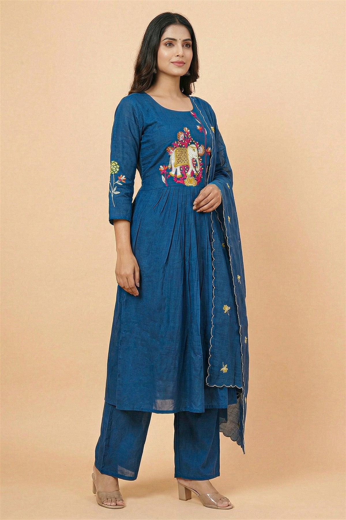 Mul Chanderi Embroidered Teal Blue Kurti Set With Dupatta
