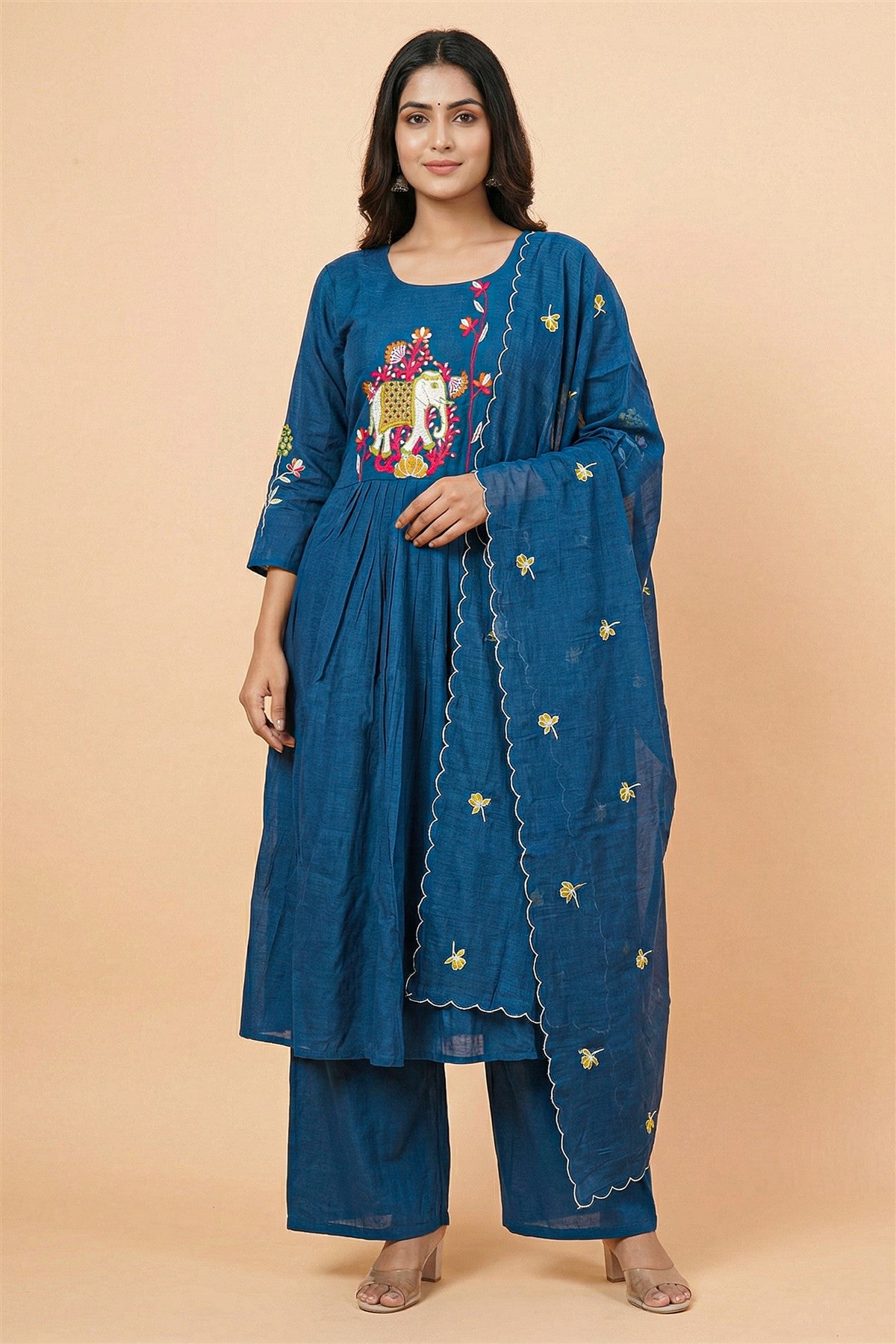 Mul Chanderi Embroidered Teal Blue Kurti Set With Dupatta