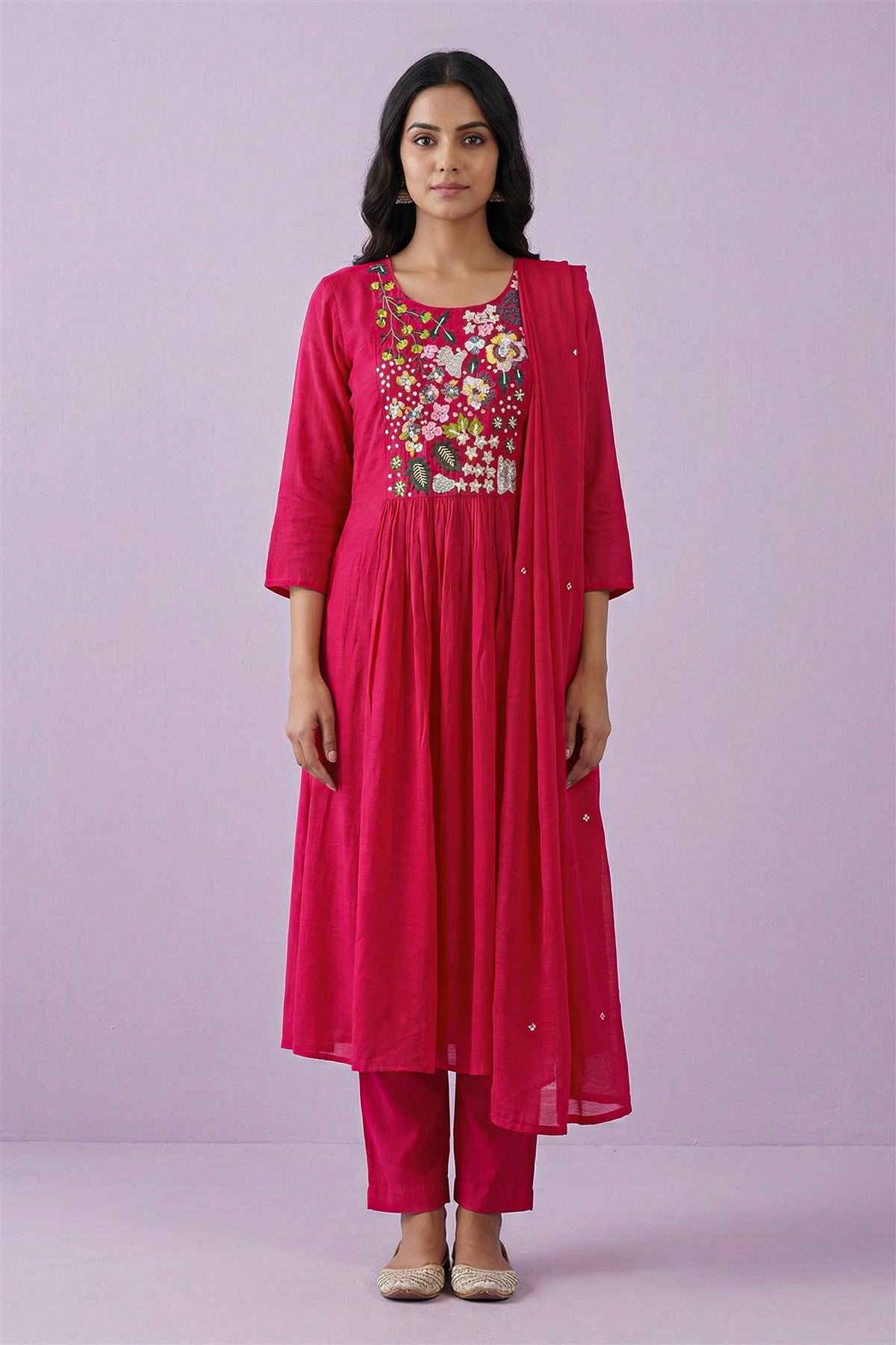 Mul Chanderi Embroidered Rani Pink Kurti Set With Dupatta