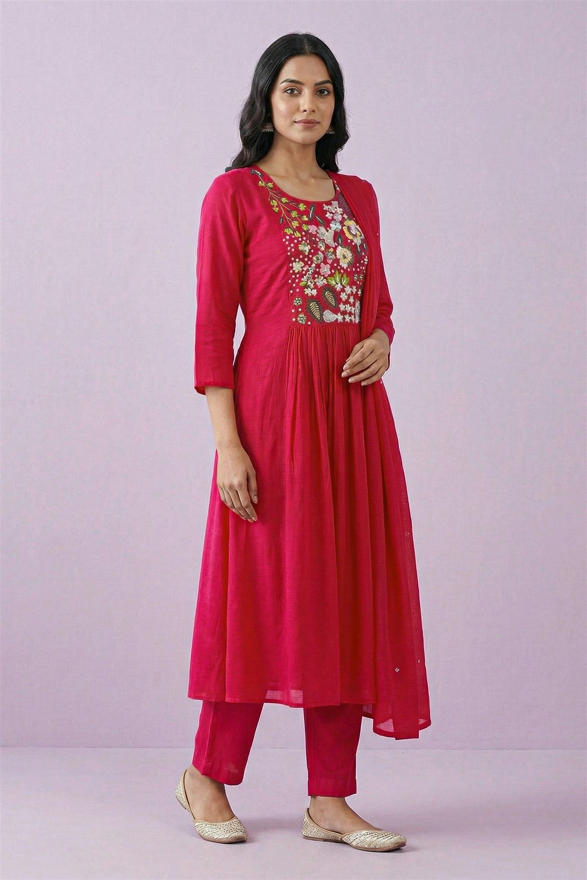 Mul Chanderi Embroidered Rani Pink Kurti Set With Dupatta