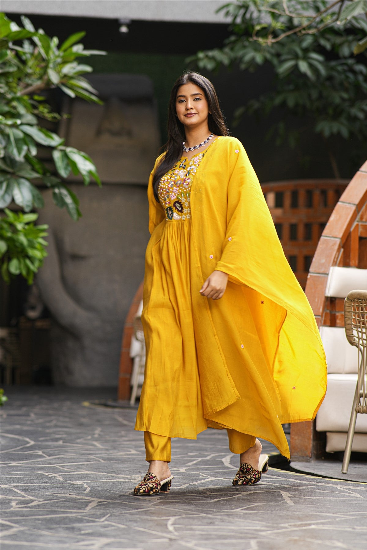 Mul Chanderi Embroidered Mustard Kurti Set With Dupatta
