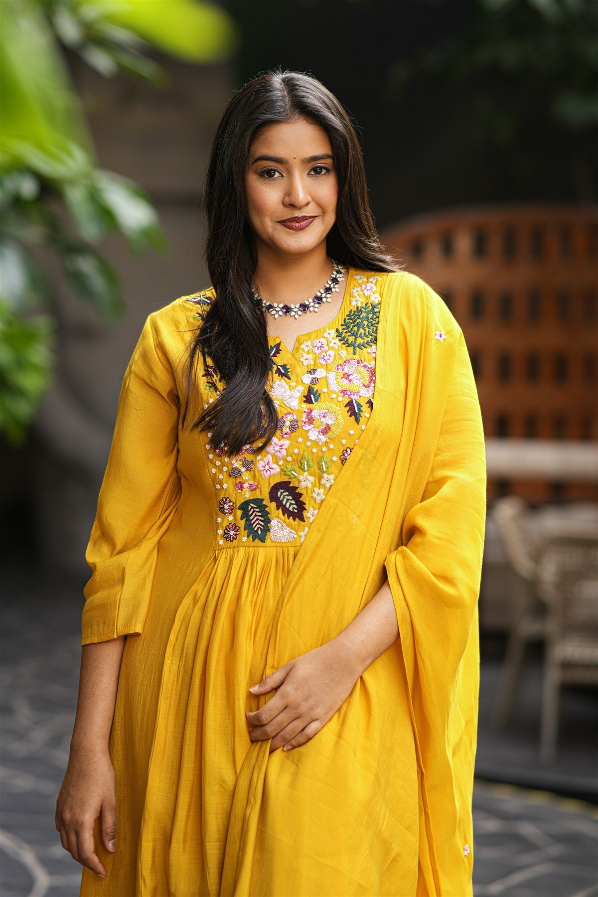 Mul Chanderi Embroidered Mustard Kurti Set With Dupatta